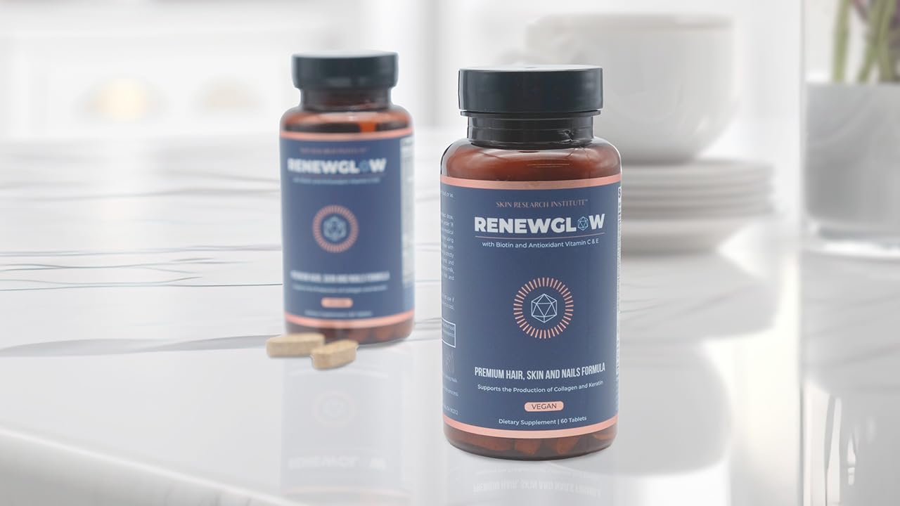 Skin Research Institute Renewglow Biotin Supplement - Vegan Friendly for Healthy Skin, Nails & Hair - 3 Pack | Supports Glowing Complexion & Strong Nails for Women & Men - Perfect for Daily Beauty Routine