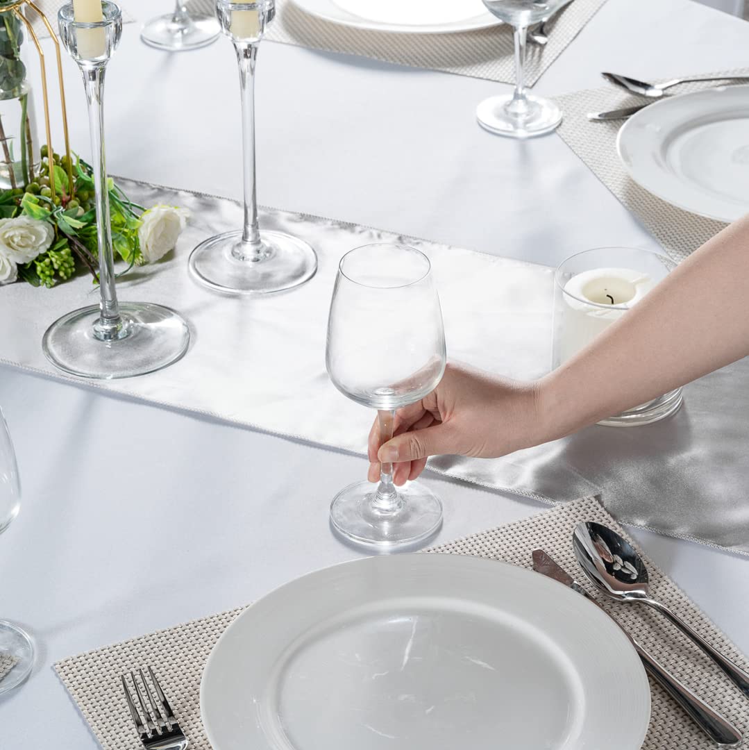 Restaurantware Table Tek 12 x 108 Inch Satin Table Runner - Machine Washable Silver Polyester Decorative Tablecloth for Weddings, Parties & Events | Perfect for Banquet Tables, Buffet Displays & Holiday Decorations