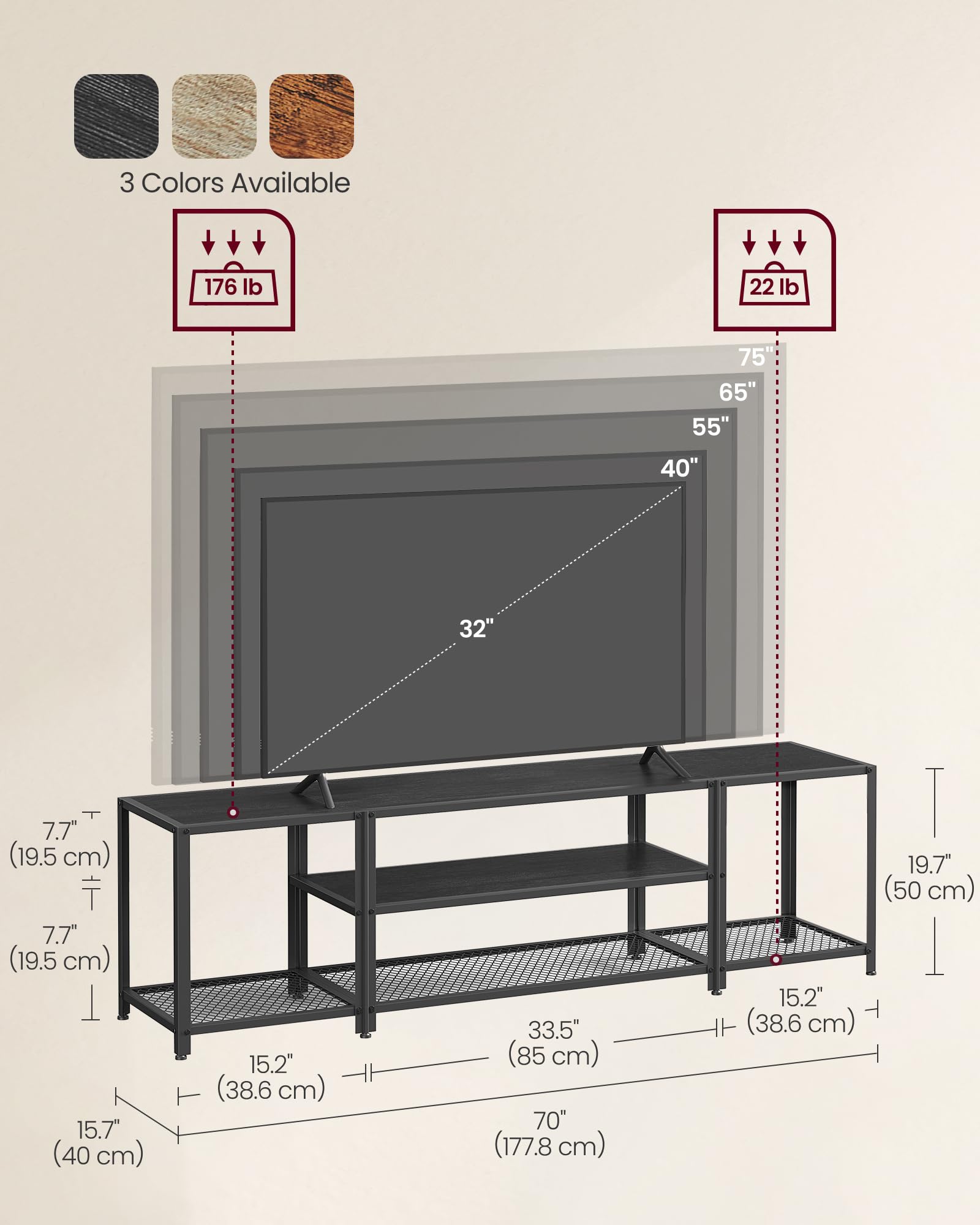 VASAGLE Modern TV Stand for TVs up to 75 Inches, 3-Tier Entertainment Center with Open Storage Shelves, Industrial TV Console Table - Black Wood Grain Finish ULTV098B22 | Perfect for Living Room, Bedroom, Home Theater & Office Setup