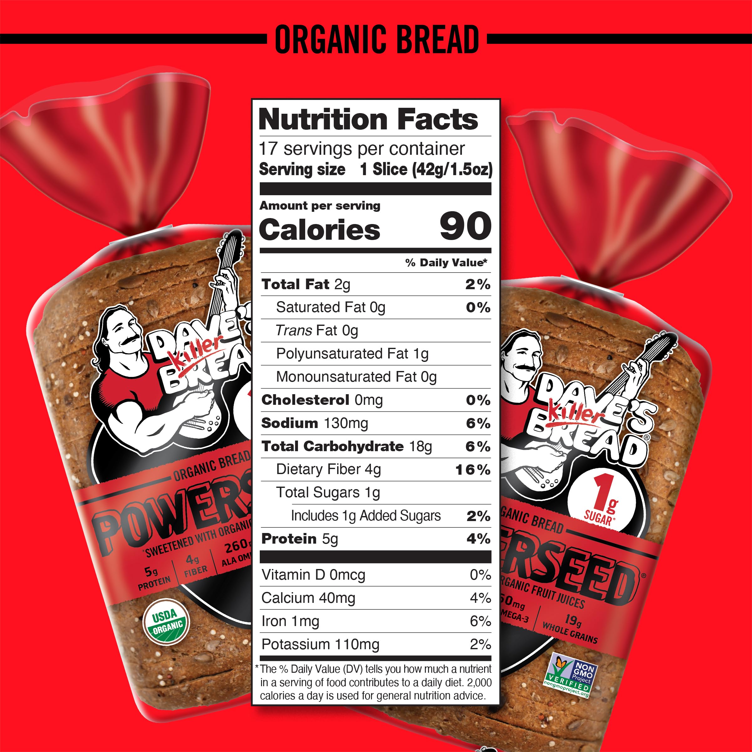 Dave's Killer Bread Powerseed Organic Bread - Seeded, 1g Sugar per Slice, 25oz Loaf | High Protein, Whole Grain Healthy Bread for Sandwiches, Toast & Breakfast