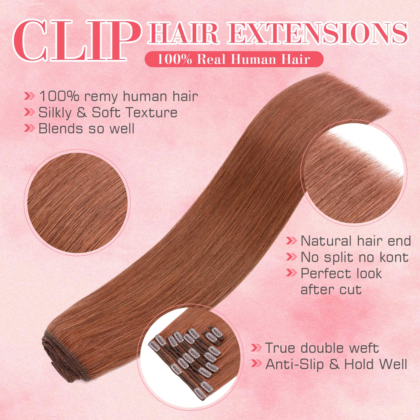 18 Inch Light Auburn Clip-In Human Hair Extensions (8pcs, 140g) - Double Weft Straight Real Human Hair #33 for Volume & Length - Perfect for Parties, Weddings & Everyday Styling