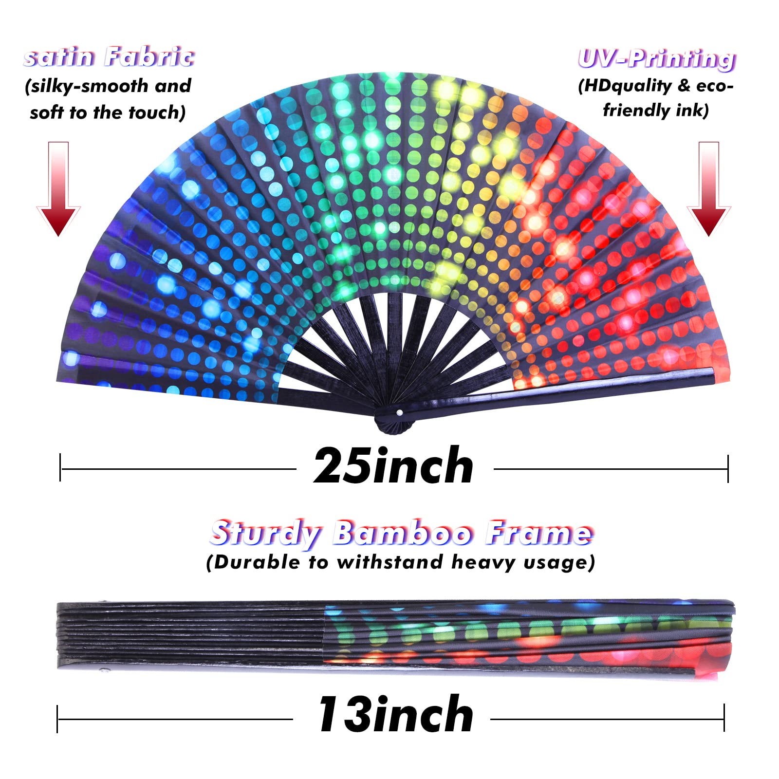 Gionforsy Rave Hand Fan - Large Bamboo Folding Fan with Vibrant Fabric for Festivals, Concerts & Outdoor Events (2-Pack, Style 2) - Perfect for Raves, Beach Parties & Summer Cooling