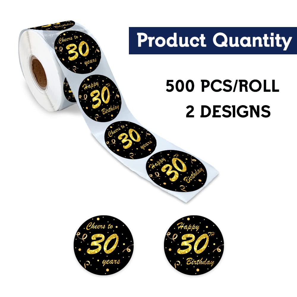 REWIDPARTY Black & Gold 30th Birthday Stickers Roll - 500 Cheers to 30 Years Adhesive Party Stickers for Birthday & Anniversary Decorations - Perfect for Cake Toppers, Gift Wrapping, Scrapbooking & Party Favors