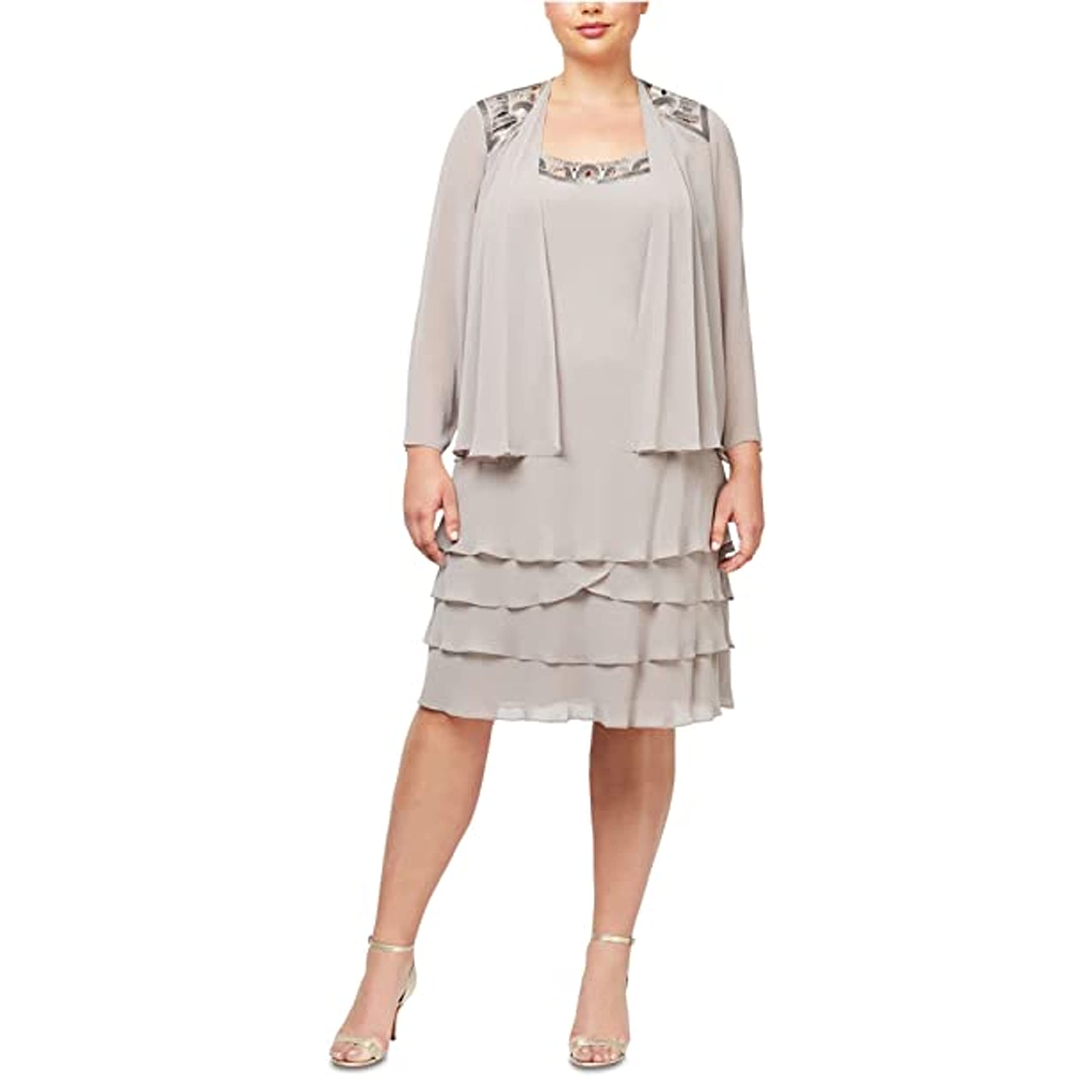 Women's Plus Size Embellished Shoulder Chiffon Tiered Jacket - Elegant Mother of The Bride Dress for Weddings & Special Occasions | S.L. Fashions