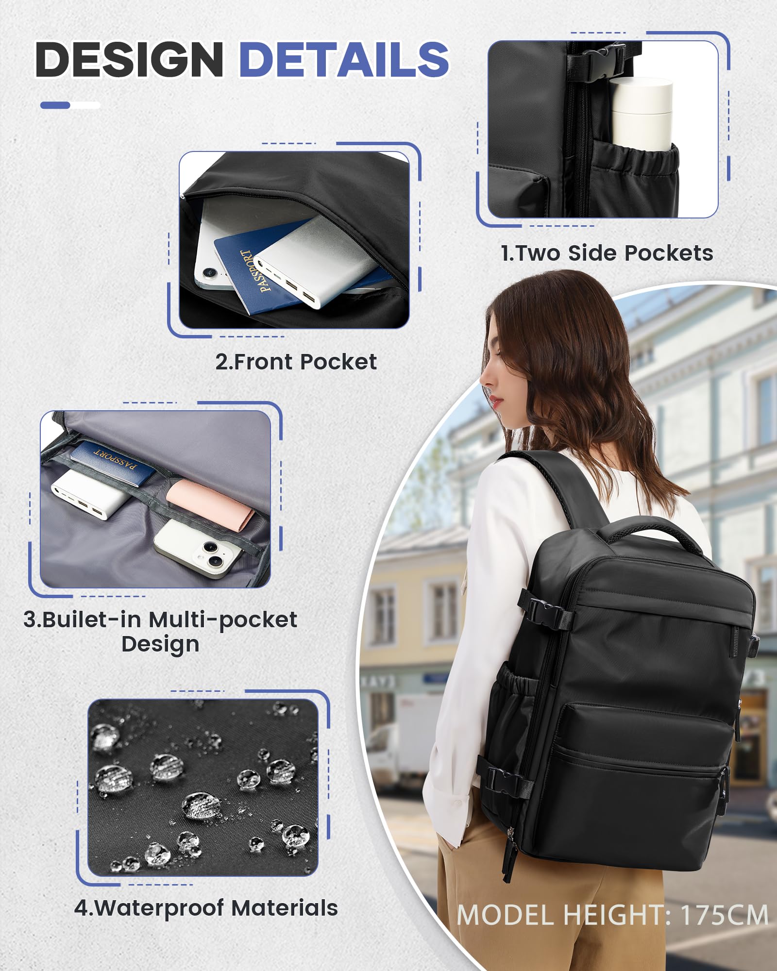 BOXSAM Large Vacuum Travel Backpack with Hand Pump - 18x14x8 Inch Flight Approved Carry-On Backpack for Women & Men, Waterproof Laptop Daypack with Compression Bags for Work, Gym & Air Travel - Black