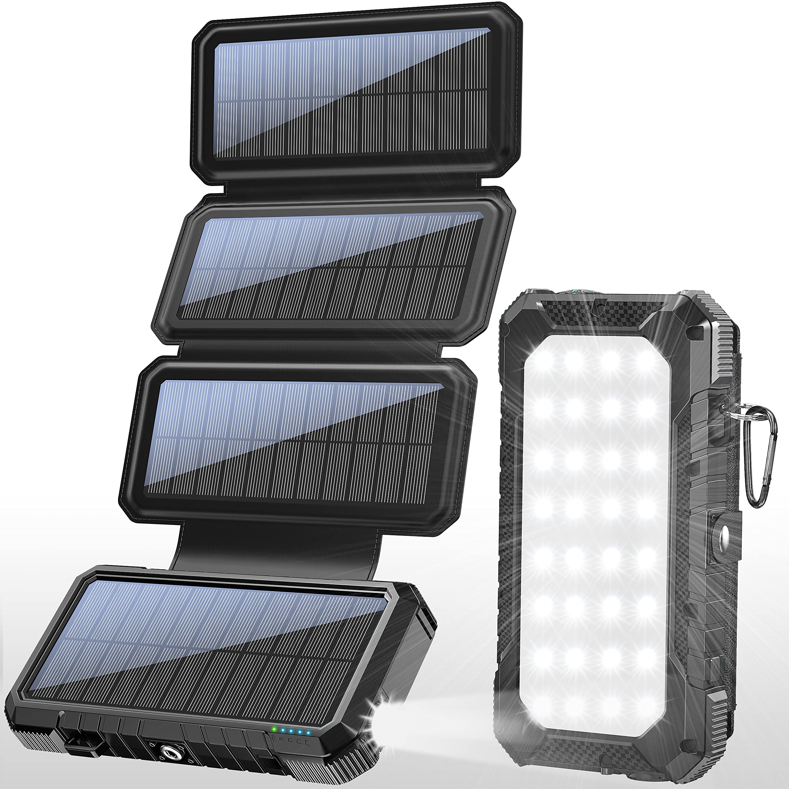BLAVER 20000mAh Solar Charger Power Bank - 18W Fast Charging Portable Battery with Foldable Solar Panels, USB-C & Dual Inputs, Built-in Camping Light/Flashlight/Compass for Outdoor Hiking, Camping, Emergency Power Supply (Black)