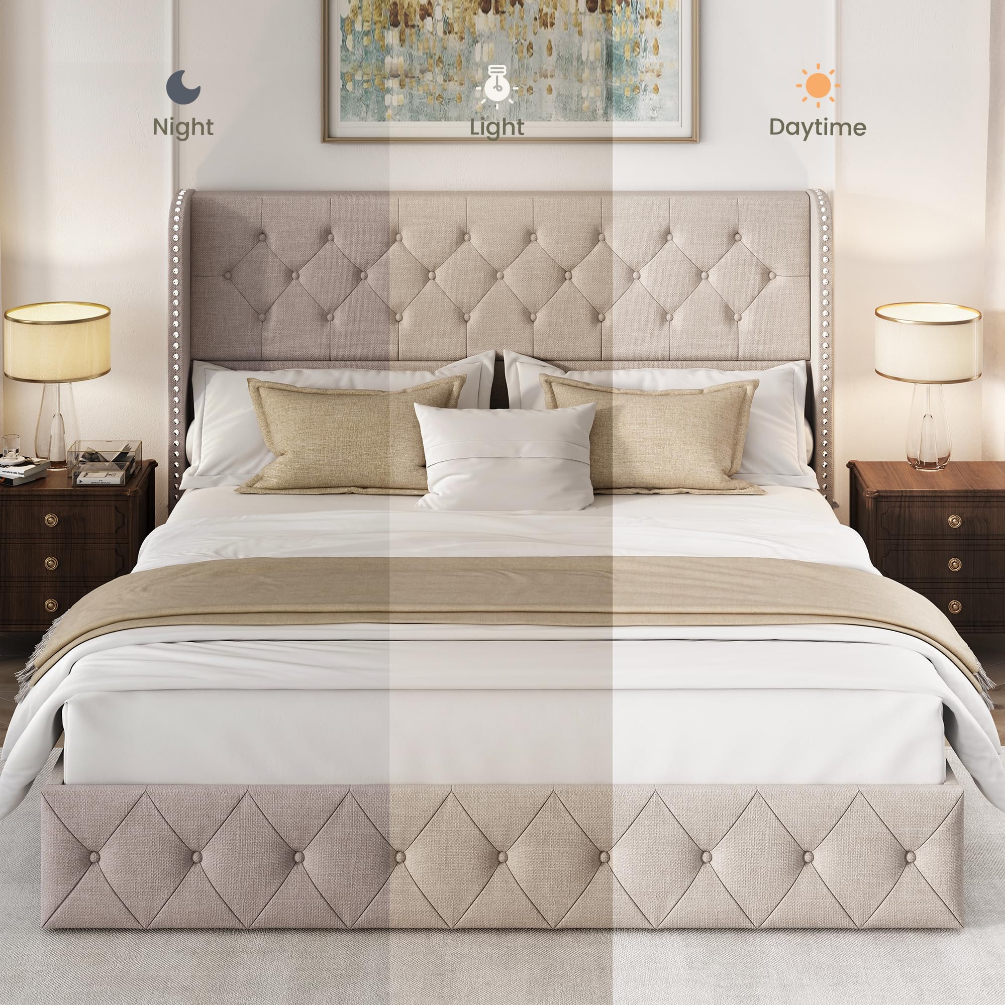 King Size Bed Frame with 4 Storage Drawers & Tufted Headboard - Linen Upholstered Platform Bed with Wooden Slats Support - Easy Assembly Wingback Bed in Beige - Perfect for Master Bedroom, Guest Room & Small Space Storage Solutions