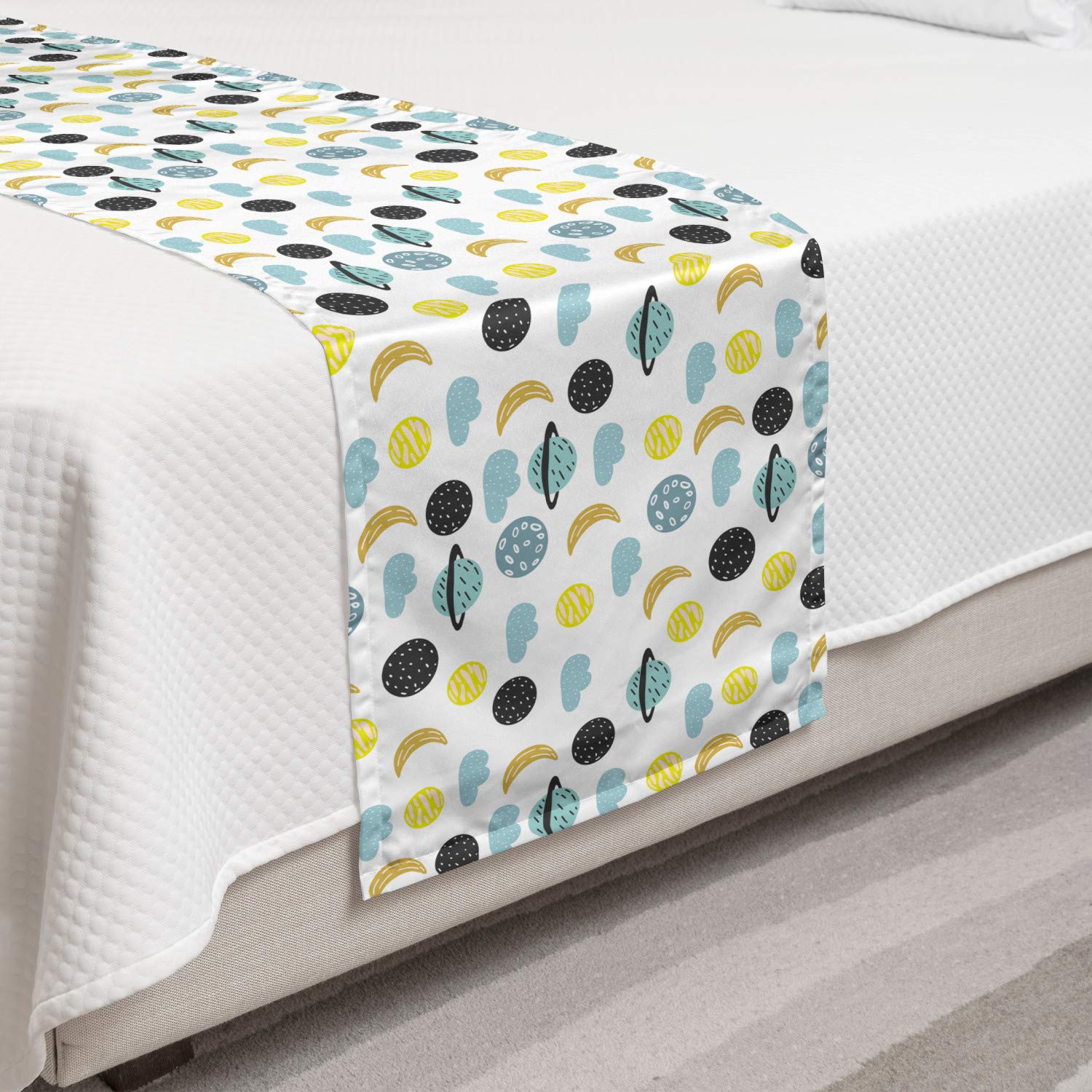 Ambesonne Moon Bed Runner - Decorative Bed Scarf with Crescent Planets and Clouds Doodle Pattern, Twin Size Multicolor Accent Piece for Hotel, Home & Guest Room Decor - Perfect for Boho Bedroom, Dorm or Airbnb Styling