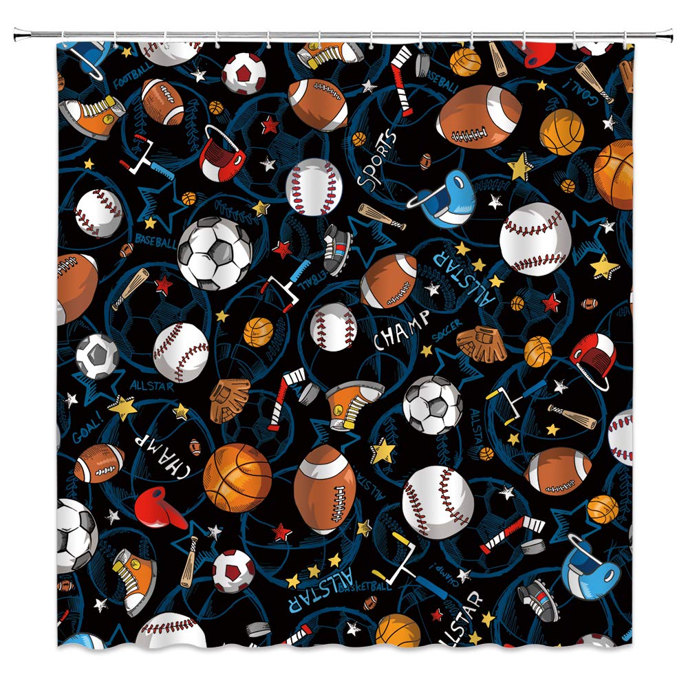 Sports Themed Shower Curtain - Basketball Football Baseball Soccer Hockey Star Pattern Blue Fabric Bathroom Decor with Hooks | Perfect for Game Room, Kids' Bathroom & Sports Enthusiasts