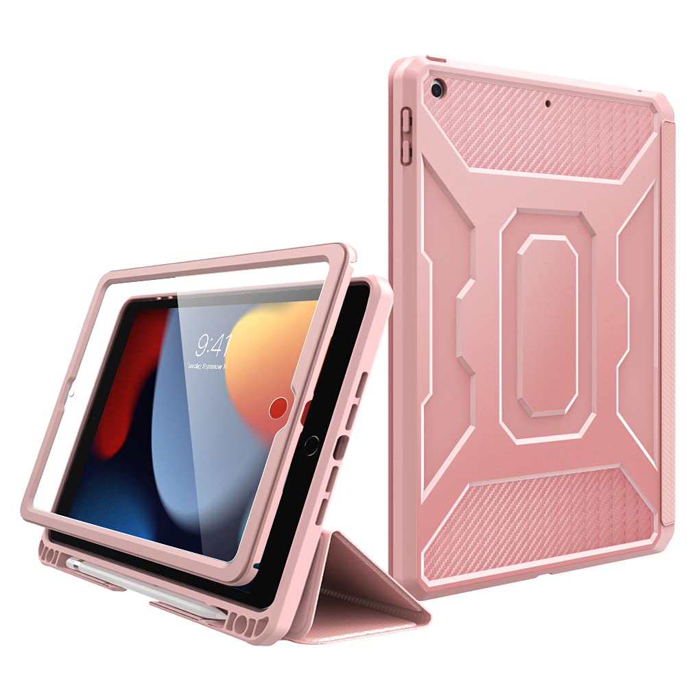 MoKo iPad 10.2 Case for iPad 9th/8th/7th Generation (2021/2020/2019) - Shockproof Protective Cover with Built-in Screen Protector & Apple Pencil Holder, Auto Sleep/Wake Feature in Rose Gold - Perfect for Work, School & Travel