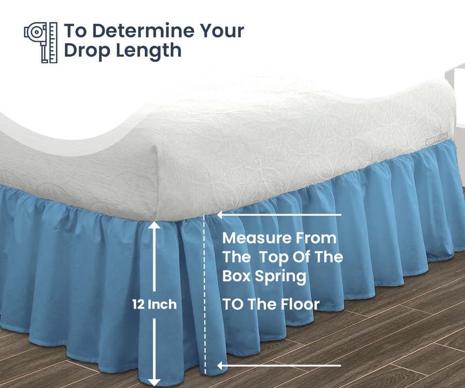12 Inch Ruffled Bed Skirt - Premium Microfiber, Fade & Wrinkle Resistant, Anti-Static - Decorative Bedding with Hidden Storage Space - Full Size Mediterranean Blue - Perfect for Guest Rooms & Master Bedrooms