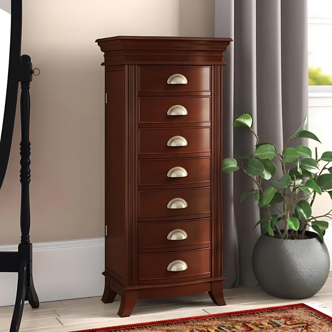 Alexa Walnut Jewelry Armoire with 7 Drawers - Classic Wooden Jewelry Organizer with Multiple Compartments for Necklaces, Rings & Bracelets - Perfect for Bedroom Vanity, Closet Storage & Gift Giving