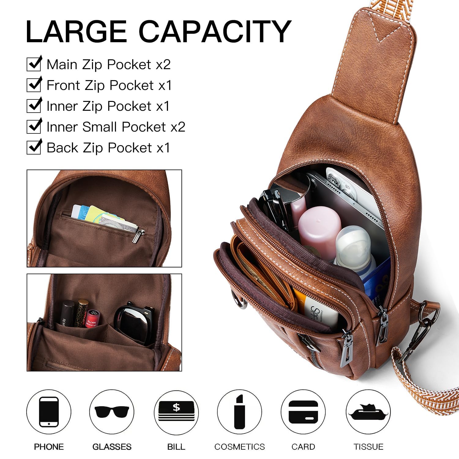 7L Leather Sling Bag for Women & Men - Anti-Theft Small Crossbody Backpack, Daypack & Fanny Pack - Perfect for Travel, Hiking & Daily Commute