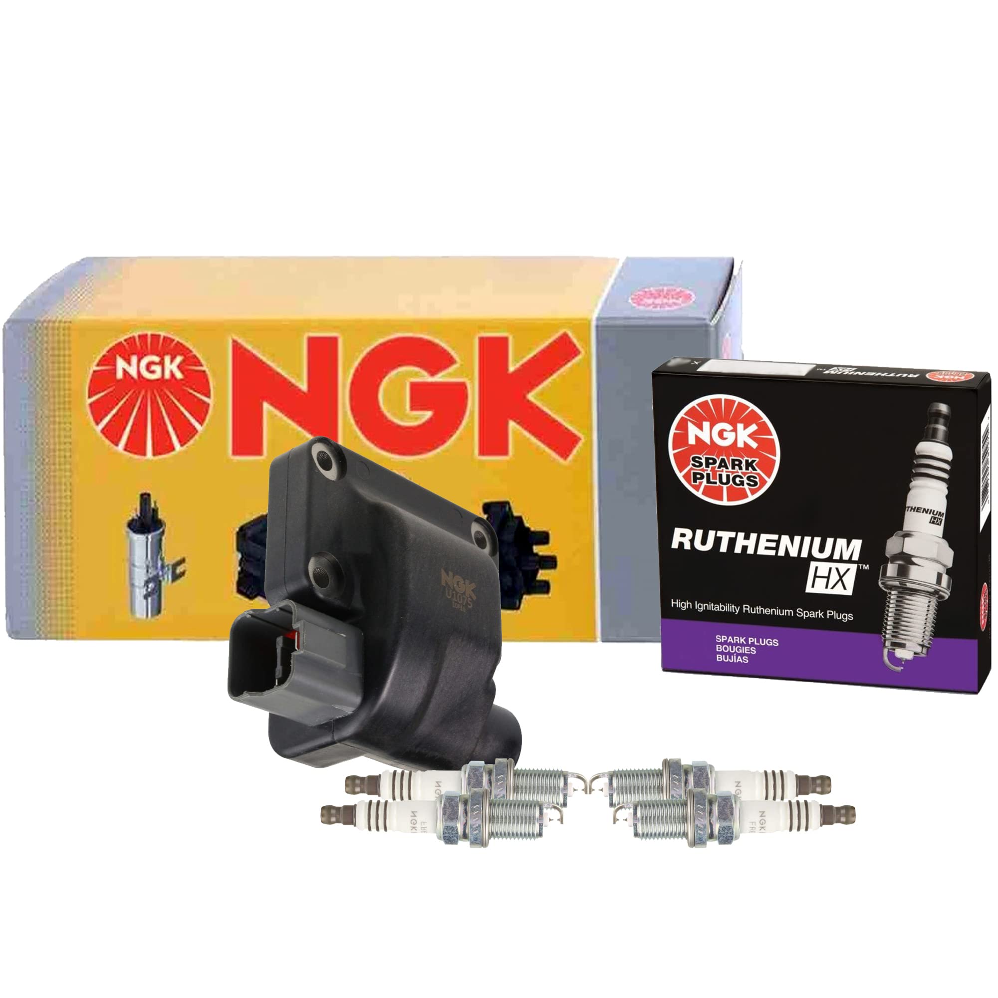 NGK HEI Ignition Coil & 4 Ruthenium HX Spark Plugs Kit Compatible with Honda Prelude 2.2L 4-Cylinder - Improve Engine Performance & Fuel Efficiency for Daily Driving & Racing
