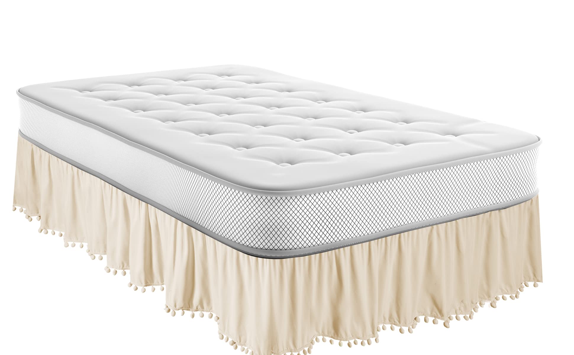 Elegant Beige Bed Skirt with Pom-Pom Fringe - 100% Brushed Microfiber Dust Ruffle for Queen & King Size Beds (14