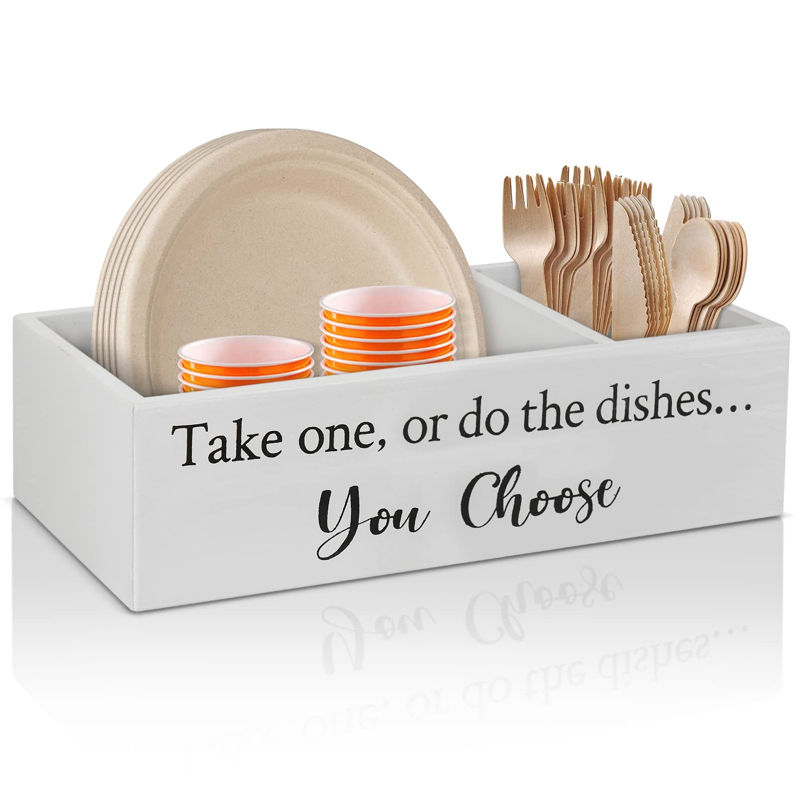 Wooden Paper Plate Holder & Utensil Caddy Organizer - Rustic Kitchen Countertop Dispenser for Plates, Cups, Forks, Spoons & Napkins - Perfect for Wedding, Party, BBQ & Home Organization