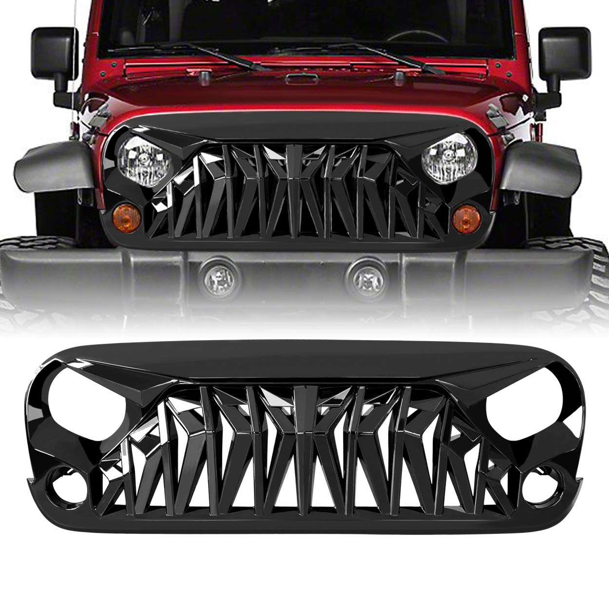 JK Glossy Black Shark Grille Front Grill for 2007-2018 Jeep Wrangler Rubicon Sahara Sport - ABS Plastic Replacement Part - Off-Road & Custom Styling Upgrade