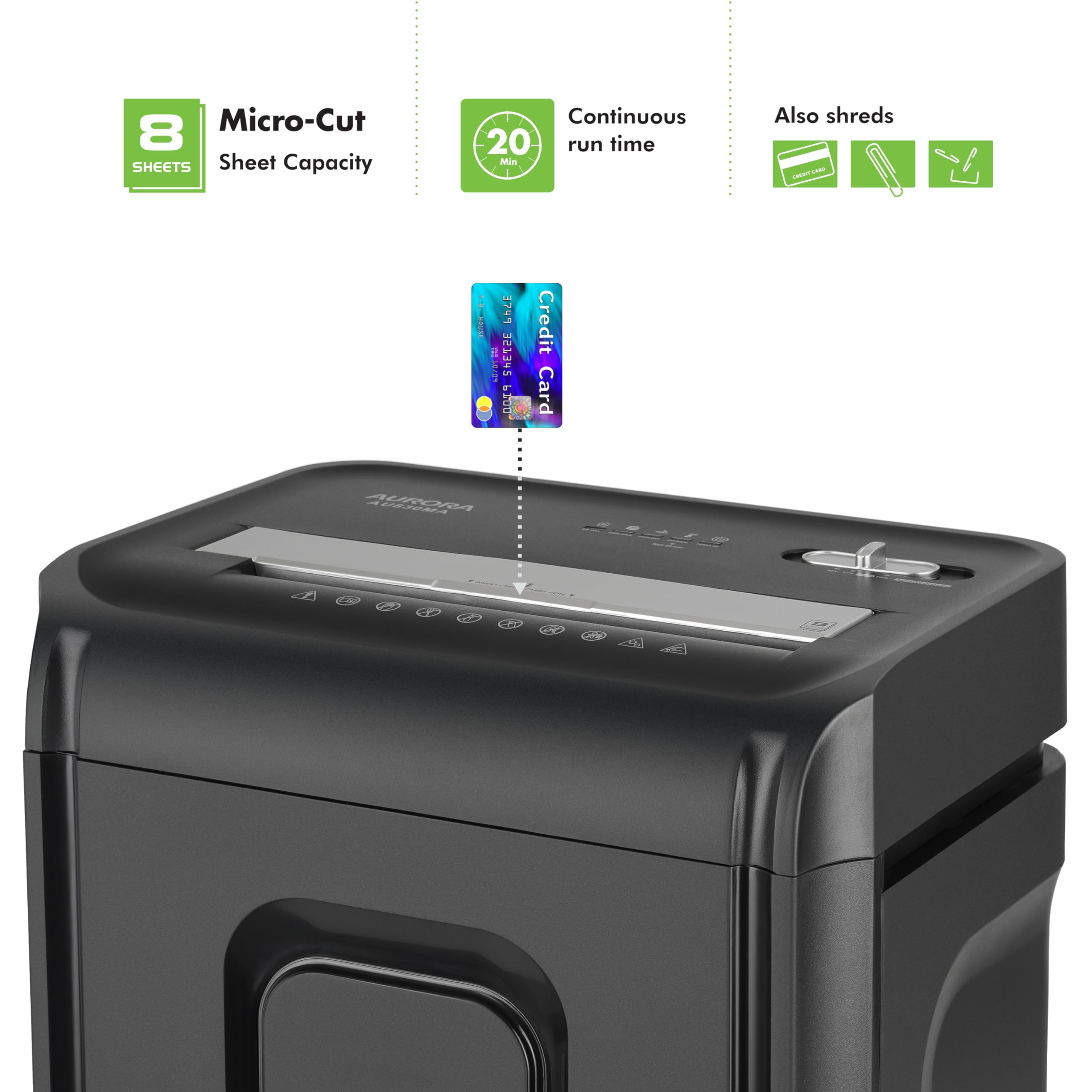 Aurora AU830MA High-Security P-5 Micro-Cut Paper Shredder - 8-Sheet Capacity, Credit Card Shredding, 20-Minute Runtime | Perfect for Home Office, Small Business & Document Security