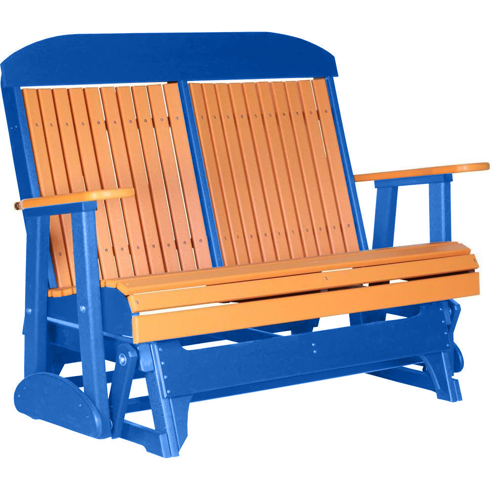 LuxCraft 4 ft. Recycled Plastic Highback Outdoor Glider Bench with Cup Holder - Orange - Perfect for Patio, Garden, and Backyard Relaxation