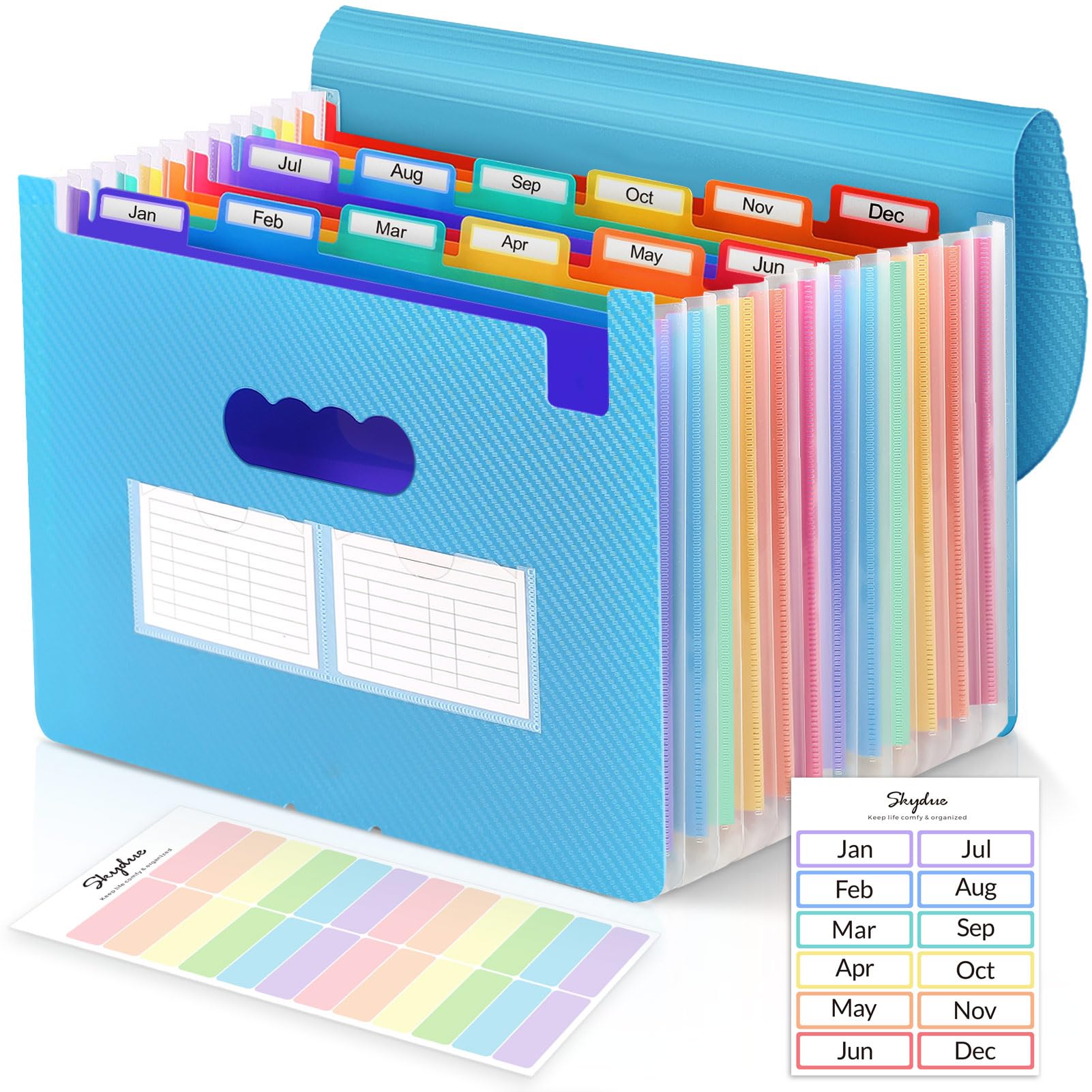 SKYDUE 12-Pocket Accordion File Organizer - Letter Size Expanding File Folder with Colored Tabs, Expandable Cover & Portable Design for Bills, Receipts, Documents - Perfect for Office, Home & School Organization (Blue)
