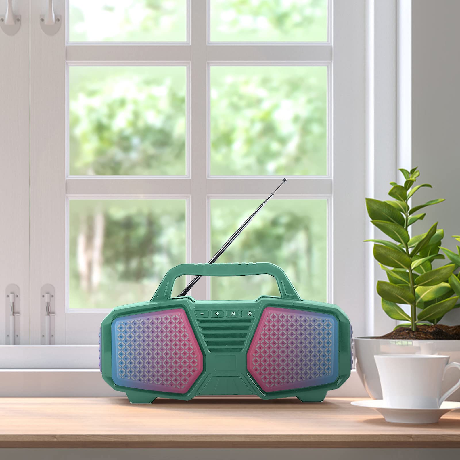 Portable Bluetooth Speaker with LED Party Lights, FM Radio - High-Quality Stereo Sound for Indoor & Outdoor Use, DJ, Parties, Camping, Beach (Green)