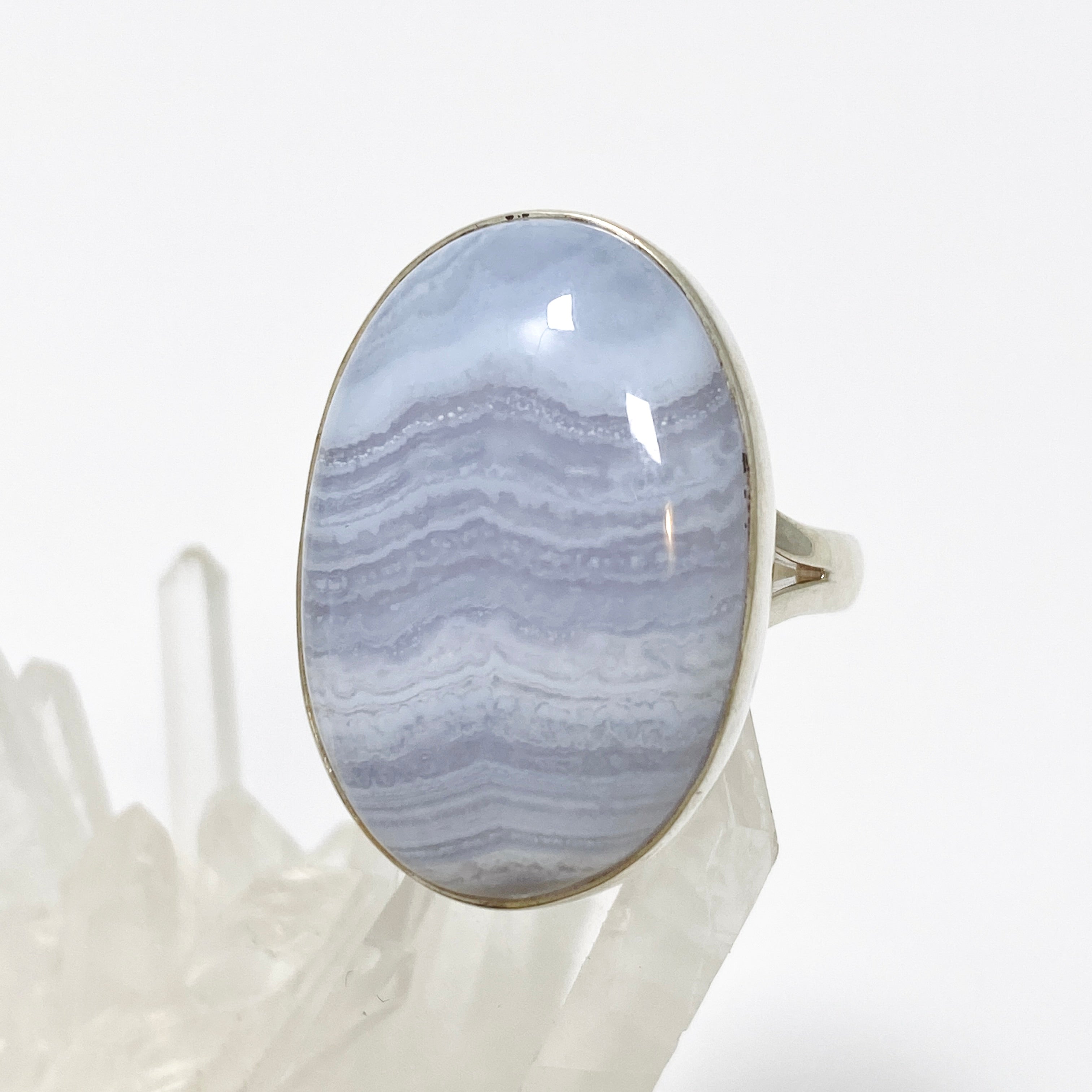 Blue Lace Agate Oval Cabochon Ring - Size 9 - KRGJ3376 - Elegant Handmade Jewelry for Women, Perfect for Weddings, Parties & Everyday Wear