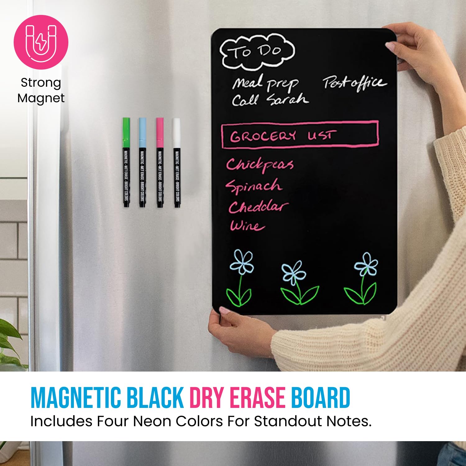 16x11 Inch Magnetic Whiteboard for Refrigerator - Dry Erase Board with 4 Neon Markers & Eraser - Strong Magnetic Backing for Notes, Lists & Meal Planning - Perfect for Kitchen, Office & Home Organization