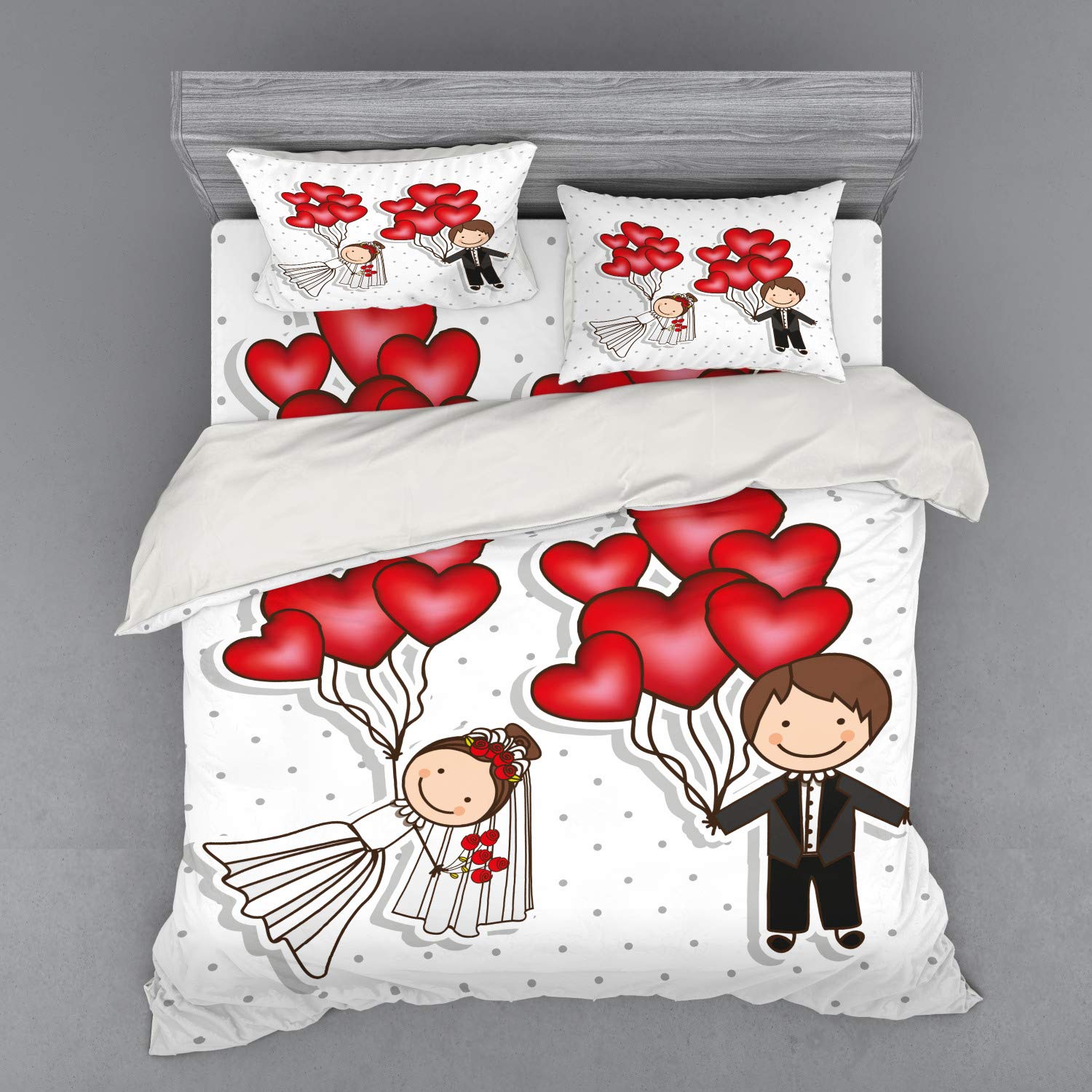 Ambesonne Funny Cartoon Newlyweds Wedding Duvet Cover Set - King Size 4-Piece Bedding with Heart Balloons & Dots Design in Red White Black | Perfect for Honeymoon, Anniversary Gifts & Couples Bedroom Decor