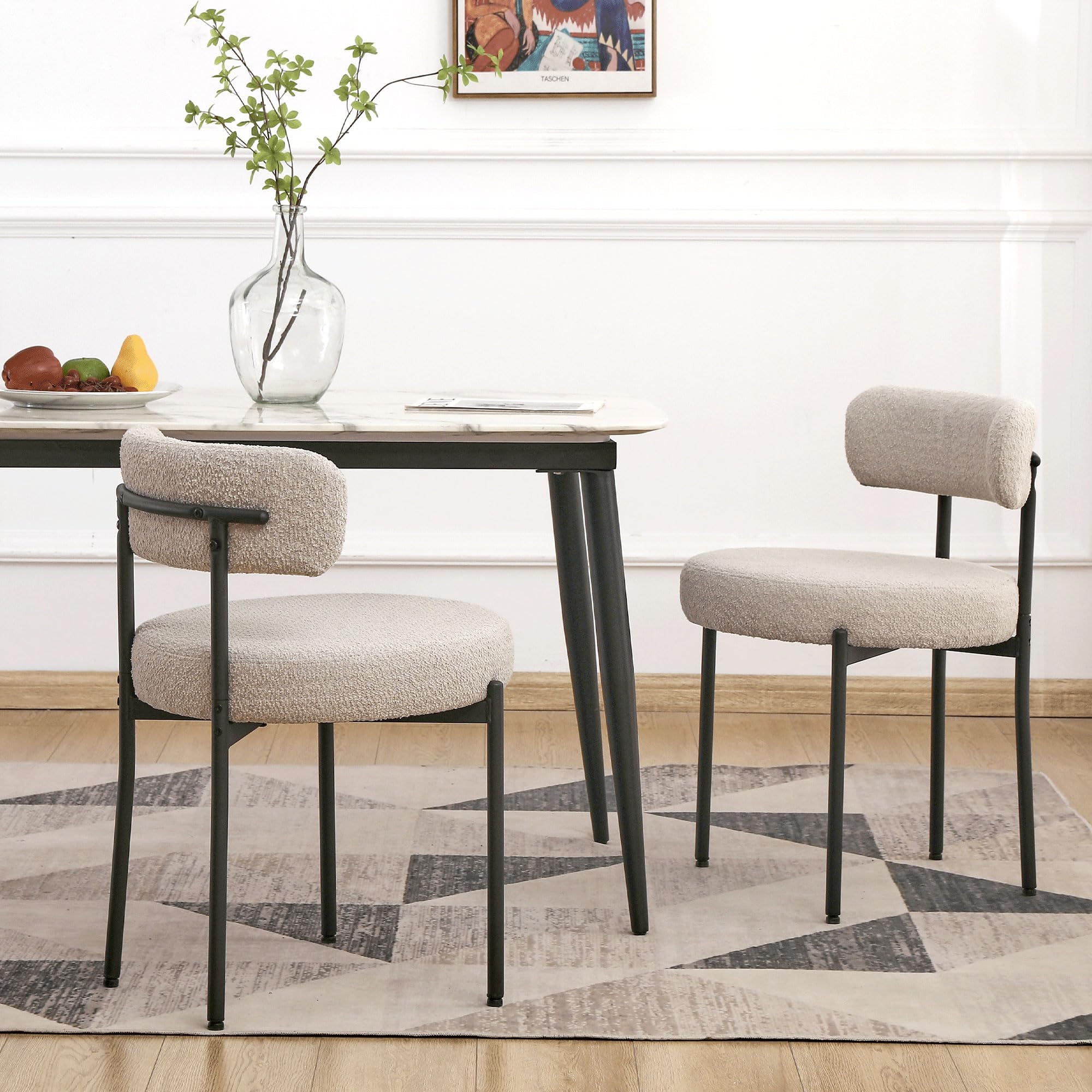 EDWELL Boucle Dining Chairs Set of 2 - Modern Round Upholstered Kitchen & Living Room Chairs with Black Metal Legs | Perfect for Dining Rooms, Breakfast Nooks & Small Spaces