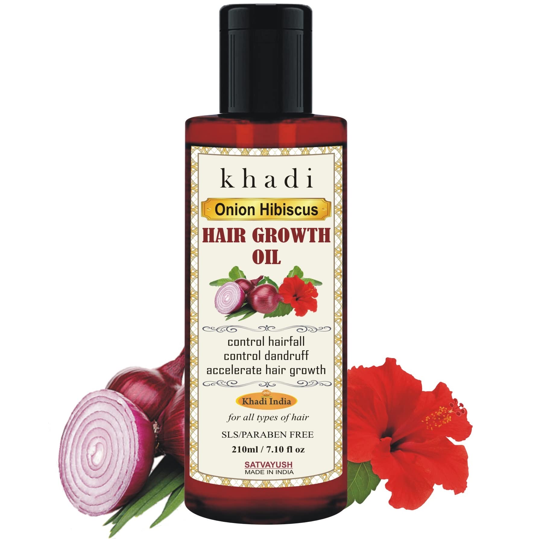 Satvayush Khadi Onion Hibiscus Ayurvedic Hair Oil for Hair Growth & Hairfall Control - 100% Natural & Herbal Treatment for All Hair Types (Men & Women) - 210ml | Promotes Stronger, Thicker Hair for Daily Use & Scalp Care
