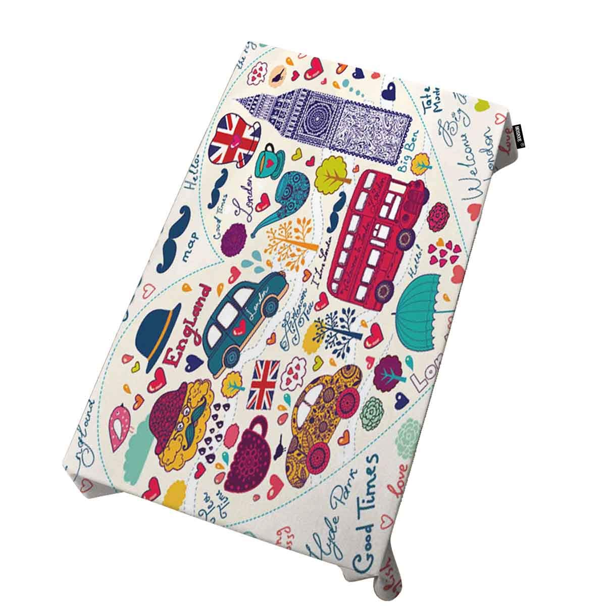 London-Themed Cartoon Graffiti Tablecloth - 60x90 Inch Rectangle Kitchen Dining Table Cover for Indoor/Outdoor Buffet & Party Decor - Hand Lettering Design Featuring City Landmarks