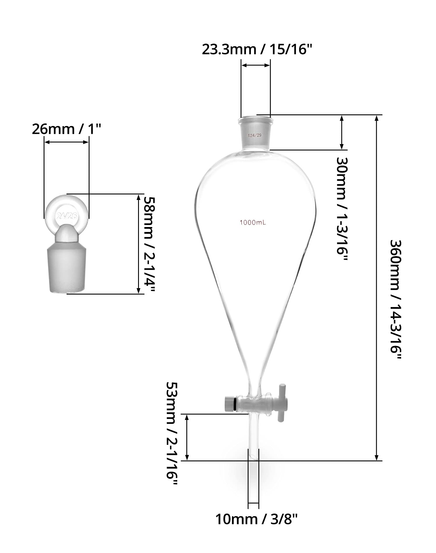QWORK 1000ml Glass Separating Funnel with 24/29 Joints & PTFE Stopcock - Lab Grade Chemistry Equipment for Liquid Extraction, Distillation & Solvent Separation