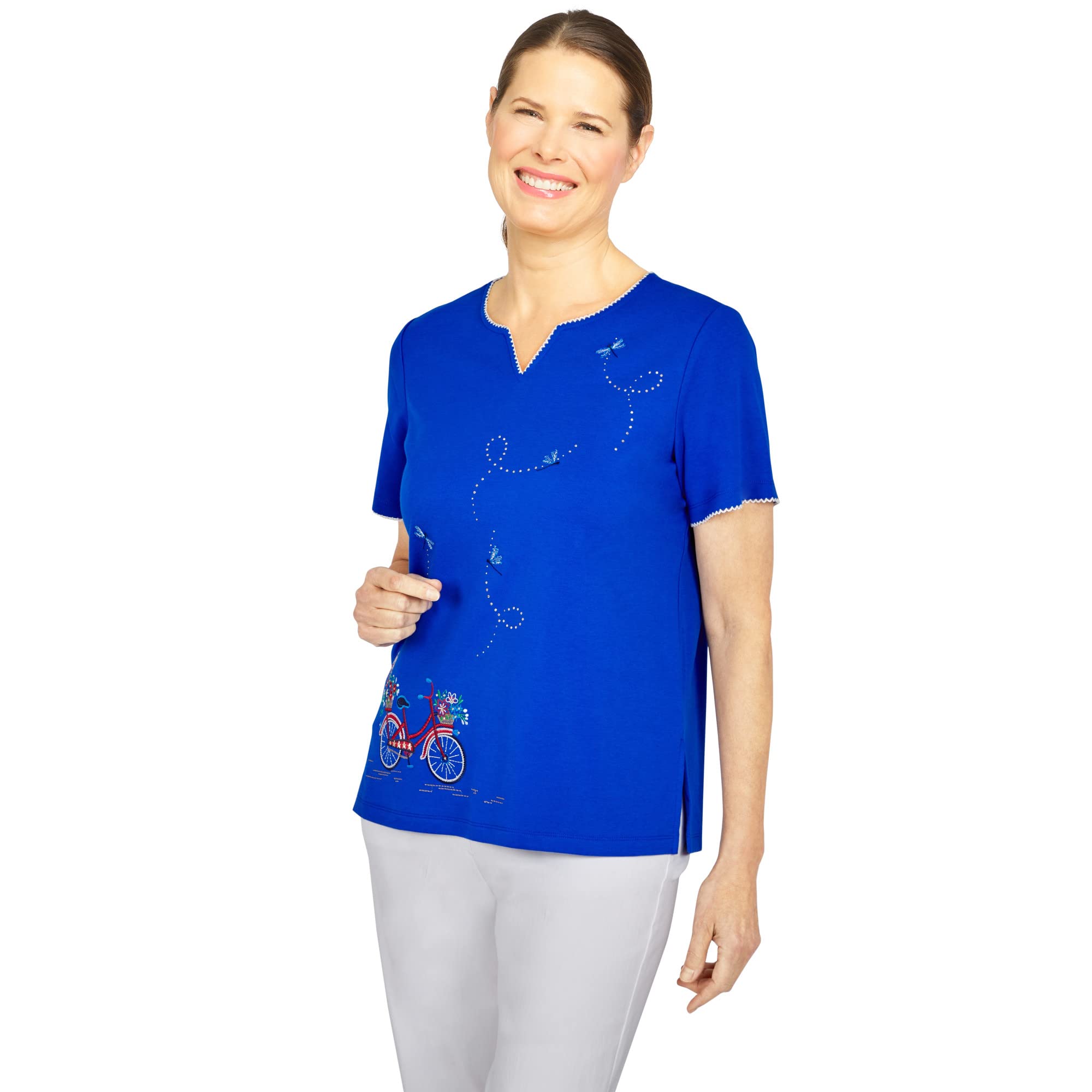 Alfred Dunner Women's Petite Embroidered Knit Bike Top - Comfortable Casual Blouse for Cycling & Outdoor Activities