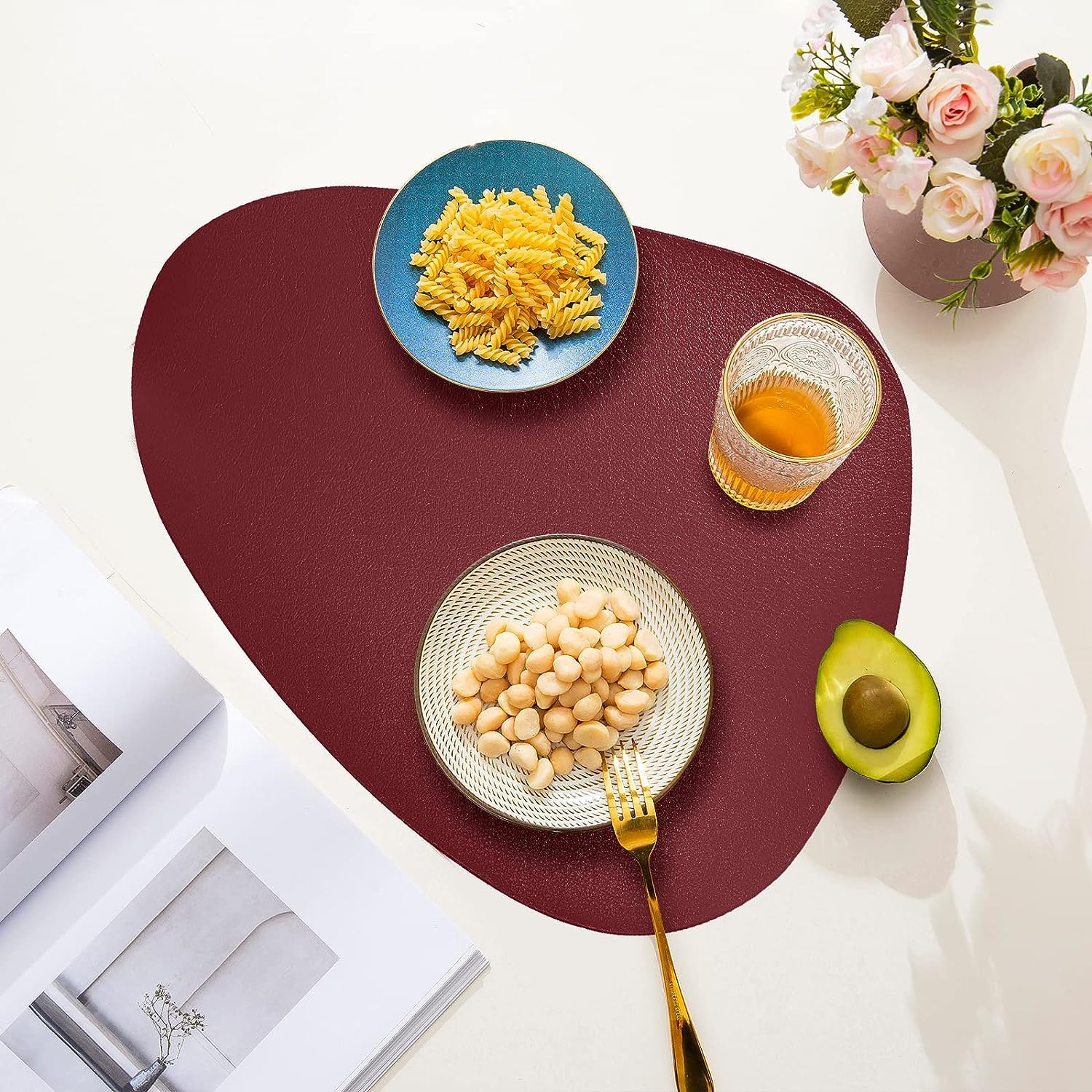 Premium Herda Burgundy Leather Placemats Set of 4 - Wine Red Washable Table Mats for Dining Table, Kitchen, Patio | Easy to Clean, Durable & Stylish | Perfect for Holiday Decor, Christmas Dinner, and Everyday Use