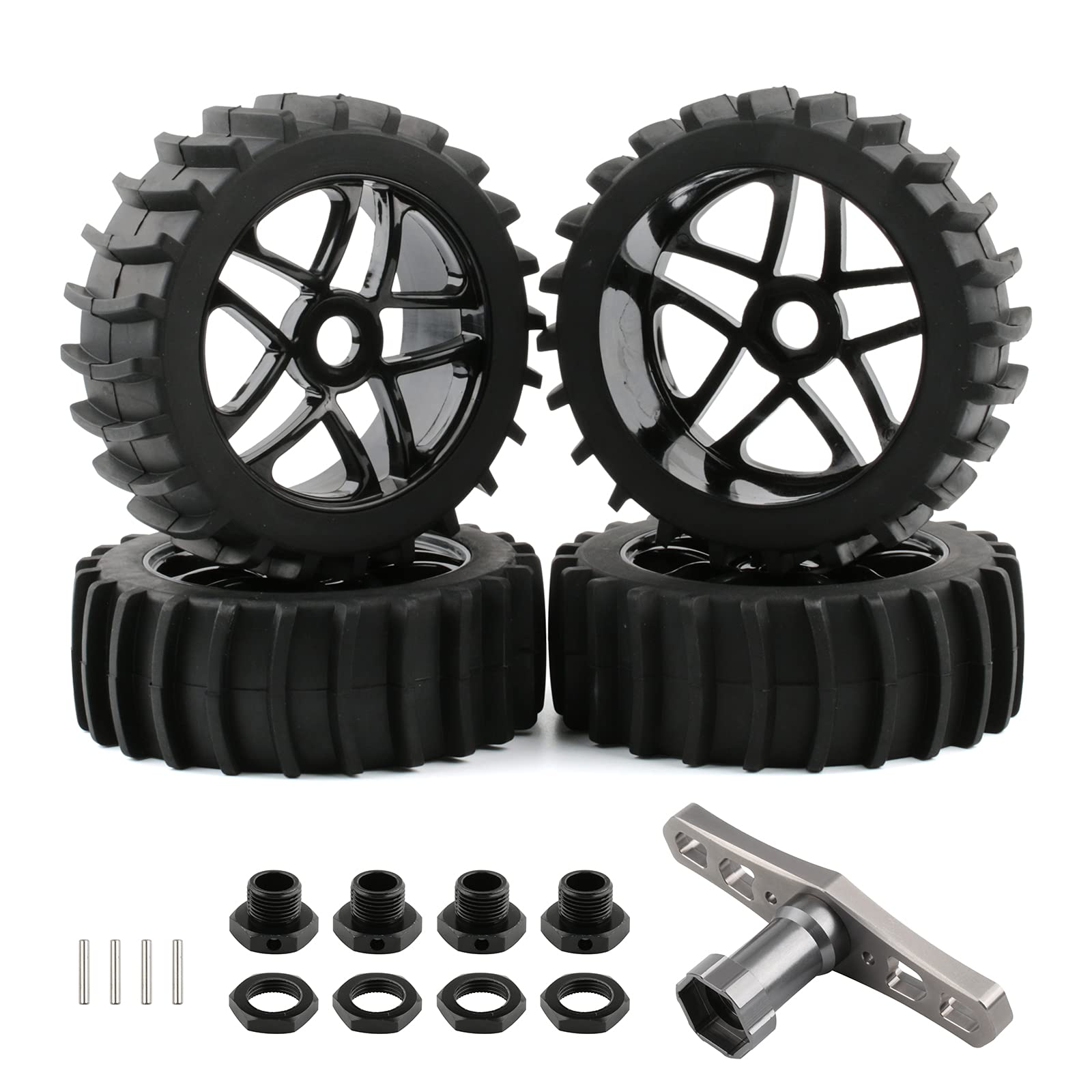 1/8 Scale RC Off-Road Buggy Tires & Wheels Set - 4pcs 17mm Hex Tires with Hex Adapters, Nuts & Wrench for Sand, Snow, Rally & Short Course Terrain - Durable Black RC Car Tires for Hobbyists & Racers (Perfect for Bashing, Crawling & Competitive Racing)