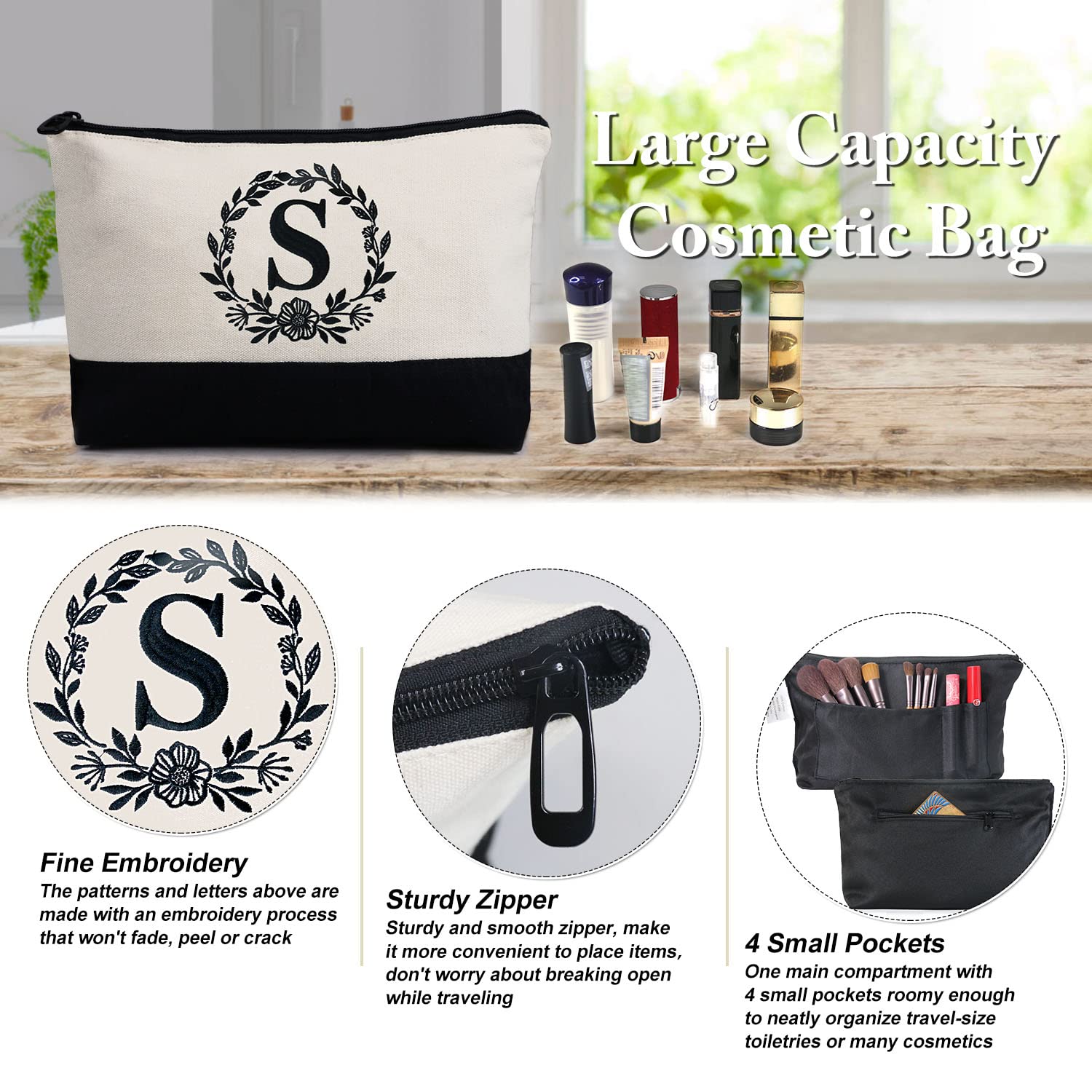 Personalized Monogram Embroidery Tote Bags for Women - BeeGreen Initial Tote with Makeup Pouch & Inner Zipper Pocket - Perfect Gift for Birthday, Mother, Hostess & Bridesmaid (Letter S) - Great for Work, Travel & Shopping