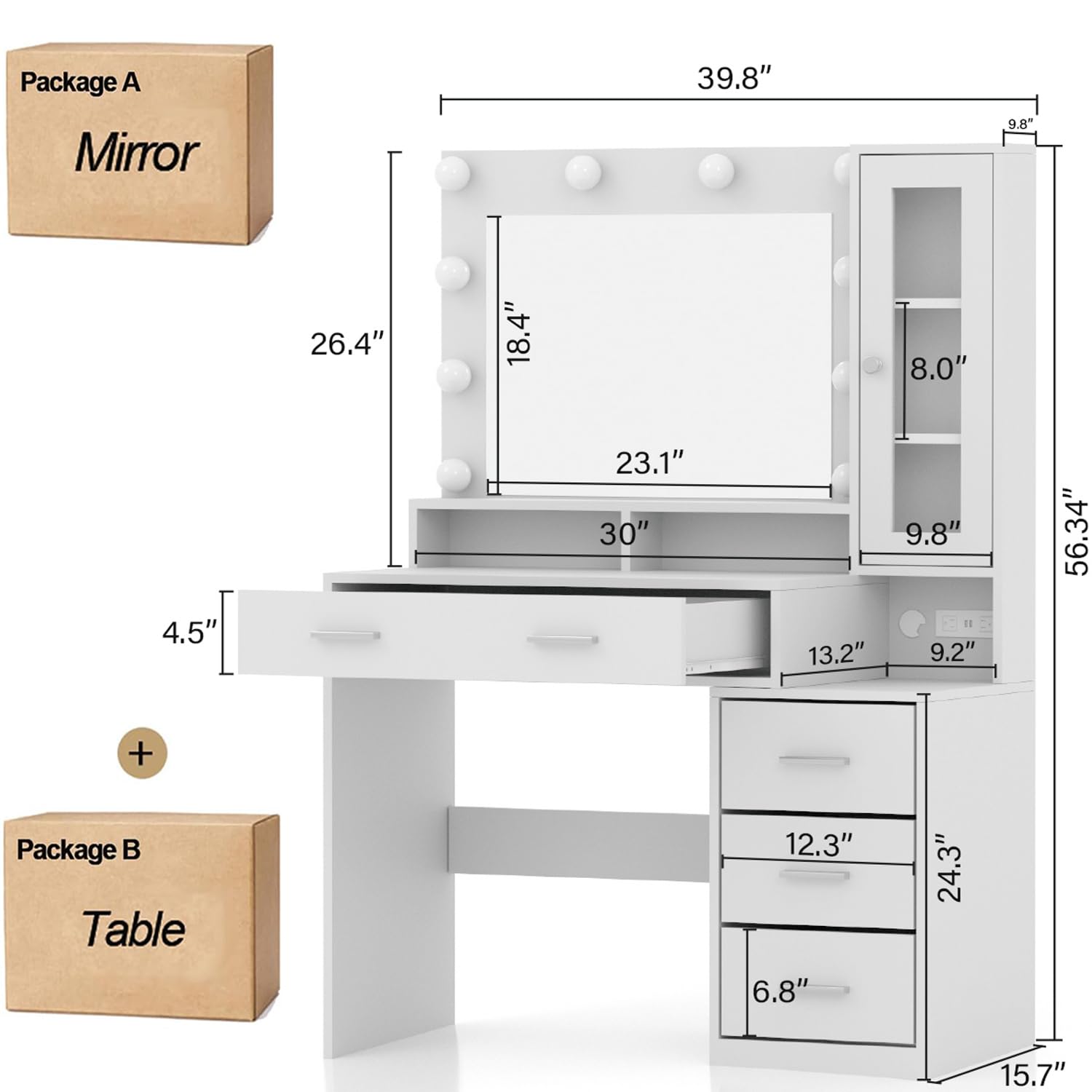 Likein Makeup Vanity with Mirror & Lights - Dressing Table with Charging Station & Drawers for Bedroom Beauty Routine