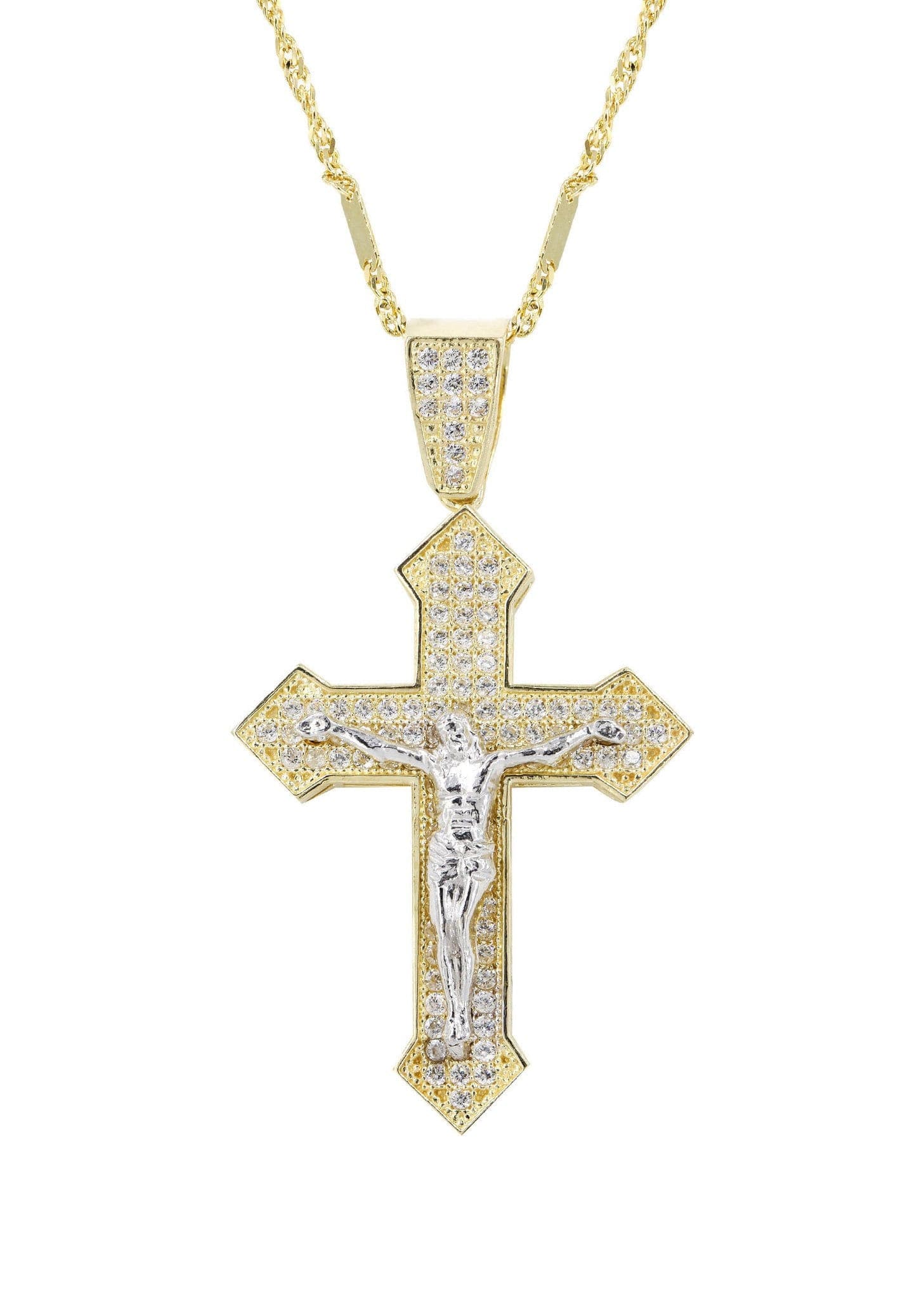 10K Yellow Gold Fancy Link Cross Crucifix Necklace for Women - 7.4 Grams | Religious Jewelry Gift for Baptism, First Communion & Everyday Wear
