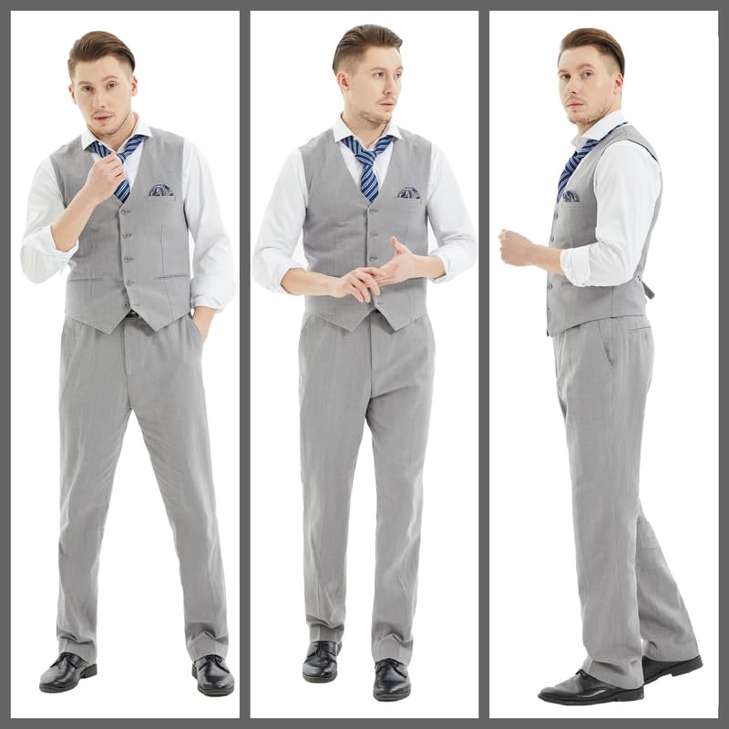 Men's Slim Fit Linen 2-Piece Suit Set for Wedding & Groomsmen | Summer Breathable Vest & Pants with Pocket Square | Perfect for Beach Weddings, Formal Events & Business Casual Occasions