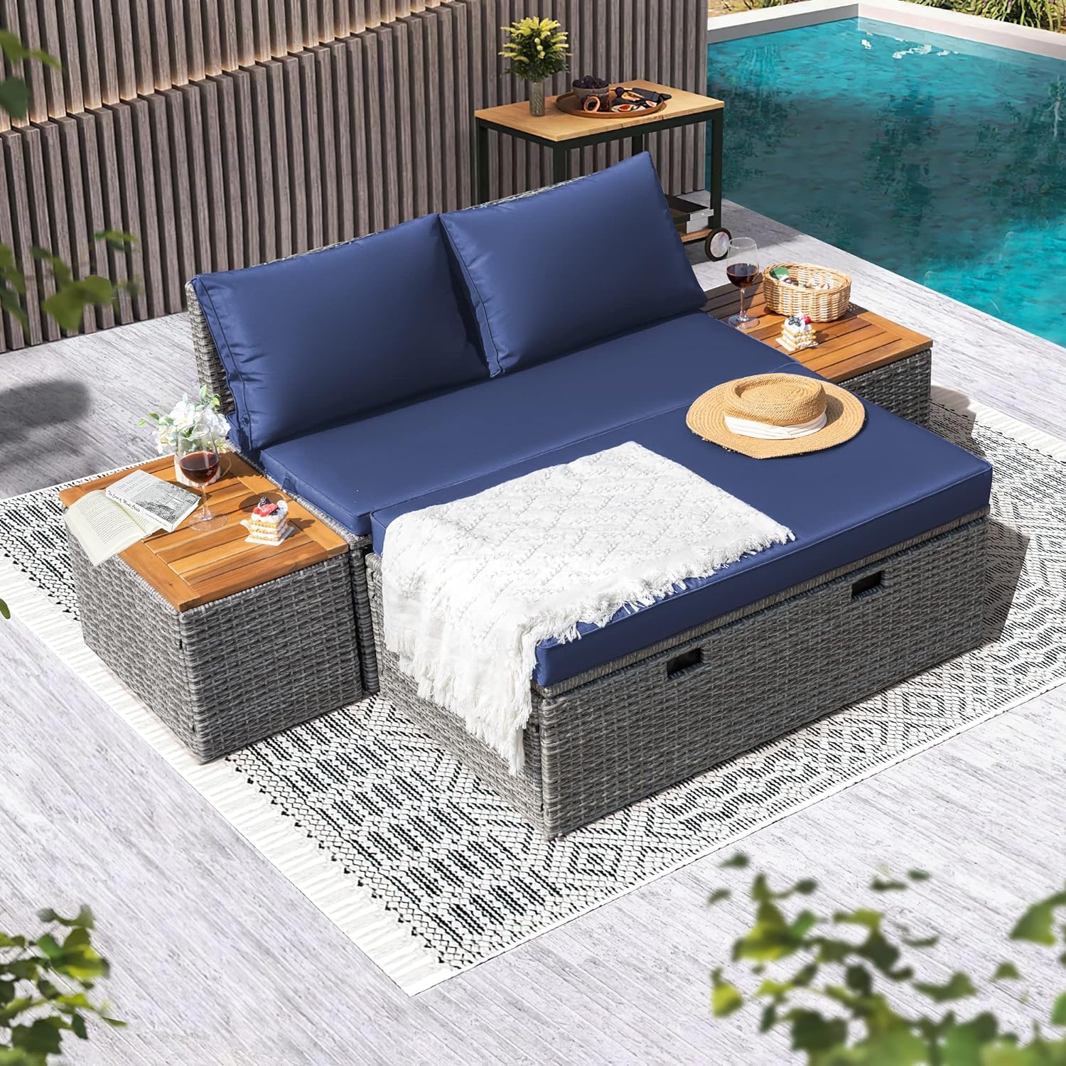 Devoko Outdoor Patio Daybed Set - Multifunctional Rattan Lounge Bed with 2 Side Tables, Navy Blue - Perfect for Backyard, Porch, Poolside, Lawn & Beach Relaxation