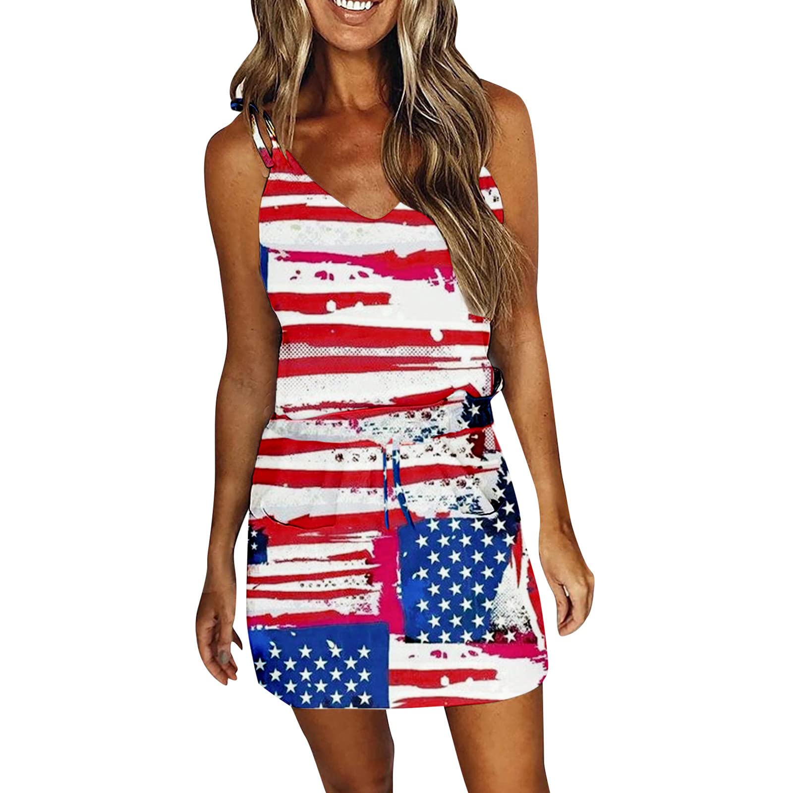 Women's Summer Dresses - 4th of July Patriotic Striped Spaghetti Strap Mini Dress with Pockets | Beach Cover Up, Pool Party, Vacation Outfit, Casual Sundress