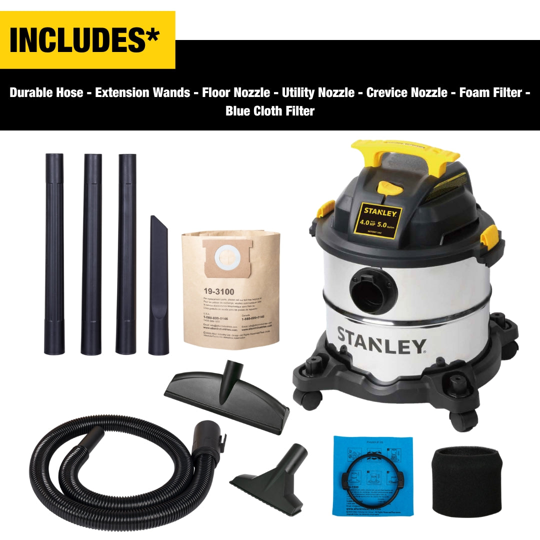 Stanley Wet/Dry Vacuum 5 Gallon, 4.0 Peak HP - Powerful Shop Vac for Home, Garage & Workshop Cleaning - Ideal for Dust, Debris & Liquid Pickup