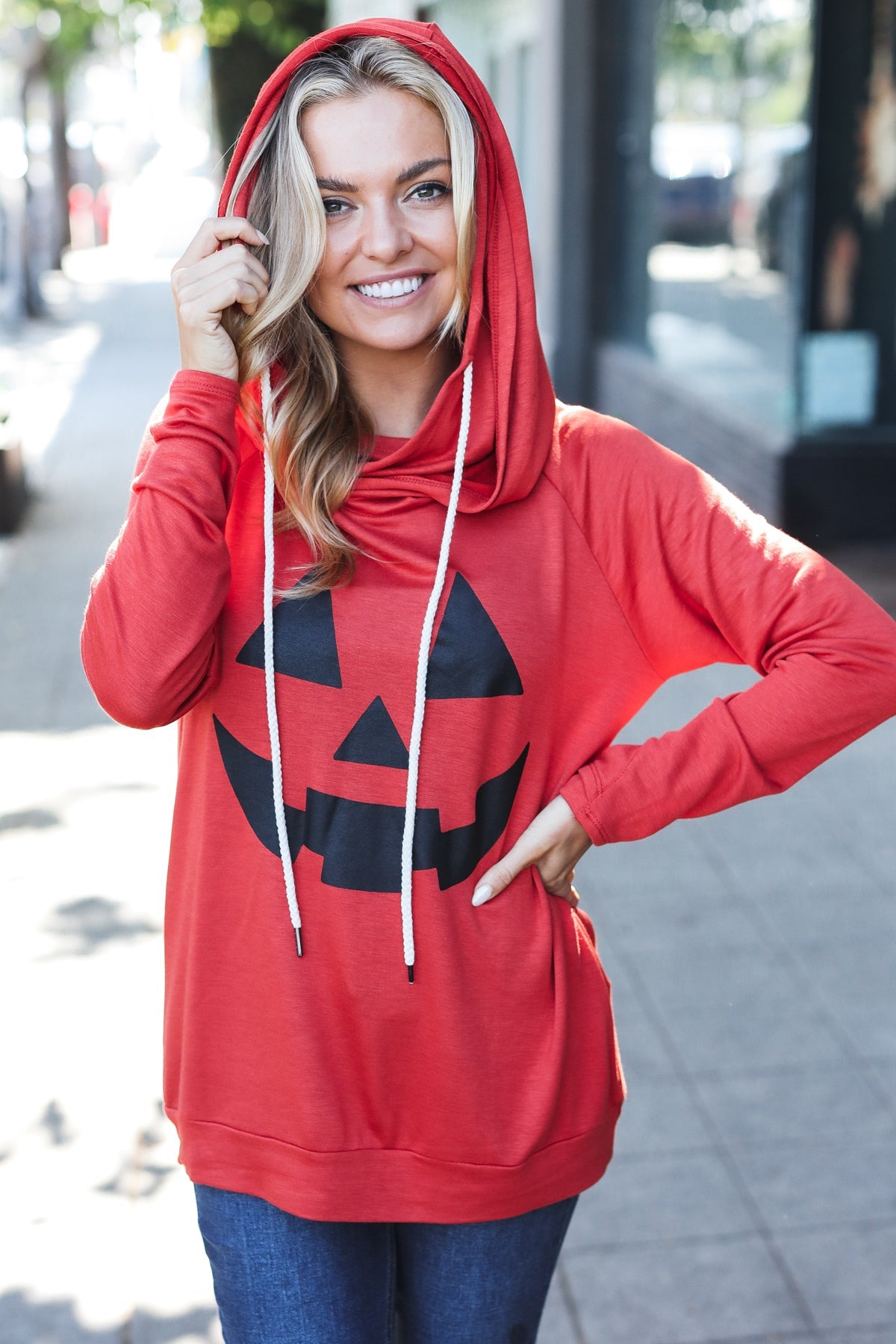 Orange Jack O'Lantern French Terry Thumb Hole Double Hoodie - Halloween Pumpkin Pullover Sweatshirt for Fall & Winter Cozy Outfits