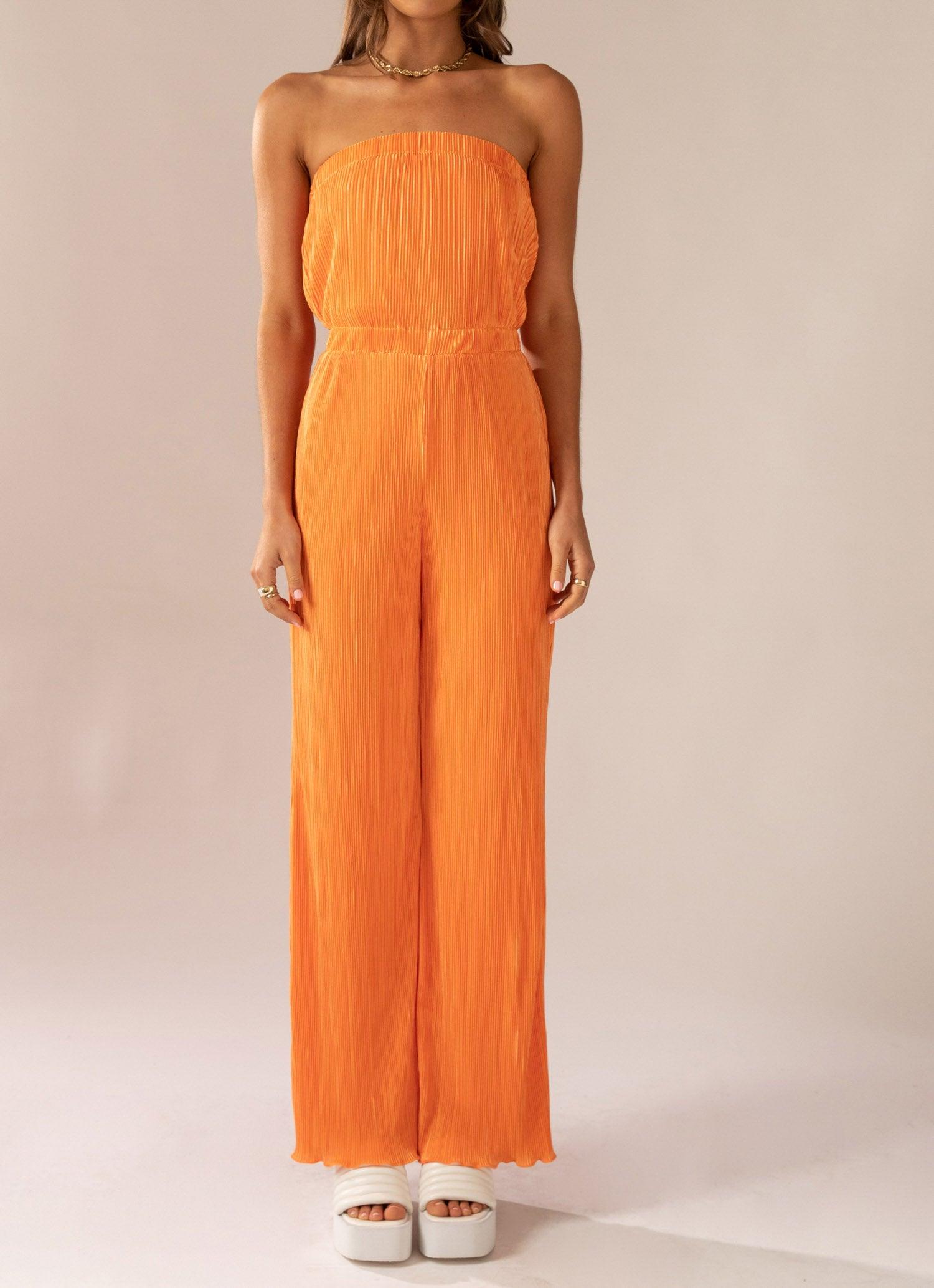 Stylish Plisse Jumpsuit in Tangerine Orange | Trendy Women's Fashion Romper | Perfect for Summer Outings, Beach Vacations & Casual Wear