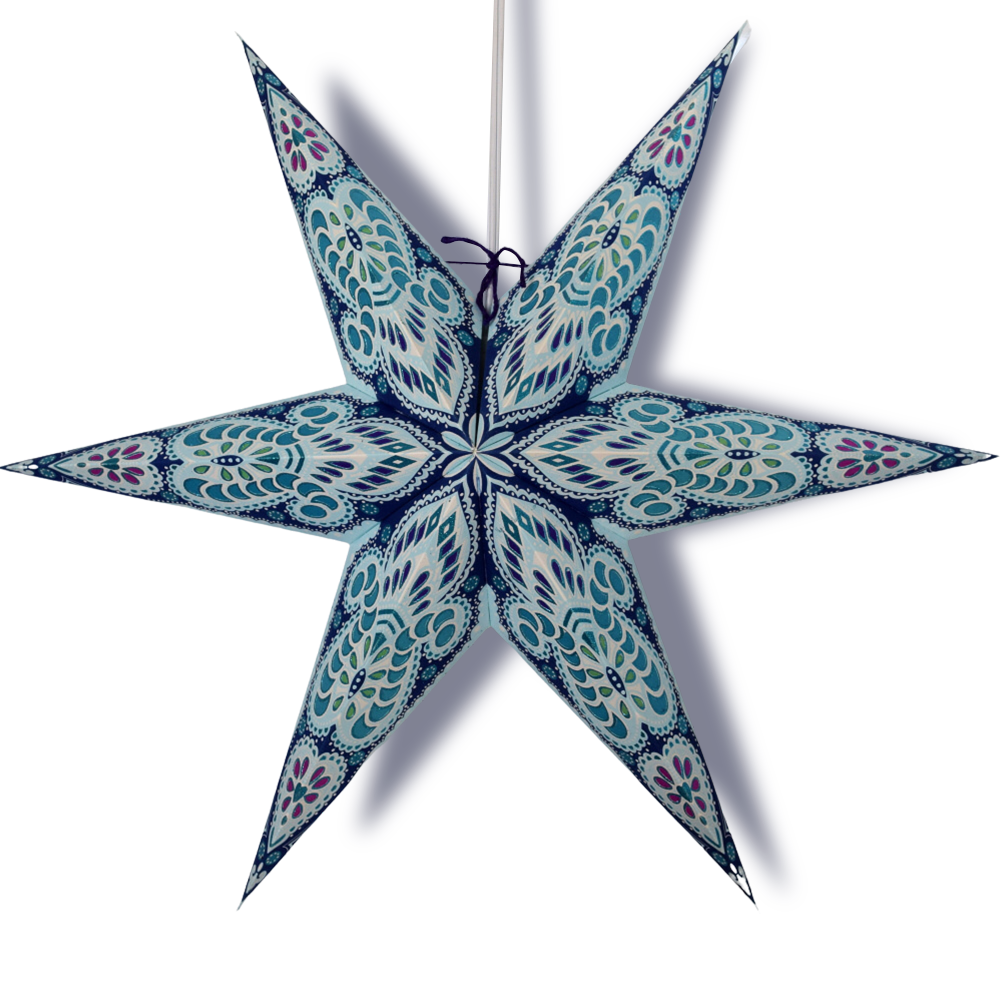 24 Pack Turquoise Blue Peacock Glitter 6-Point Paper Star Lanterns - Hanging Party Decorations for Christmas, Weddings, Baby Showers & Home Decor