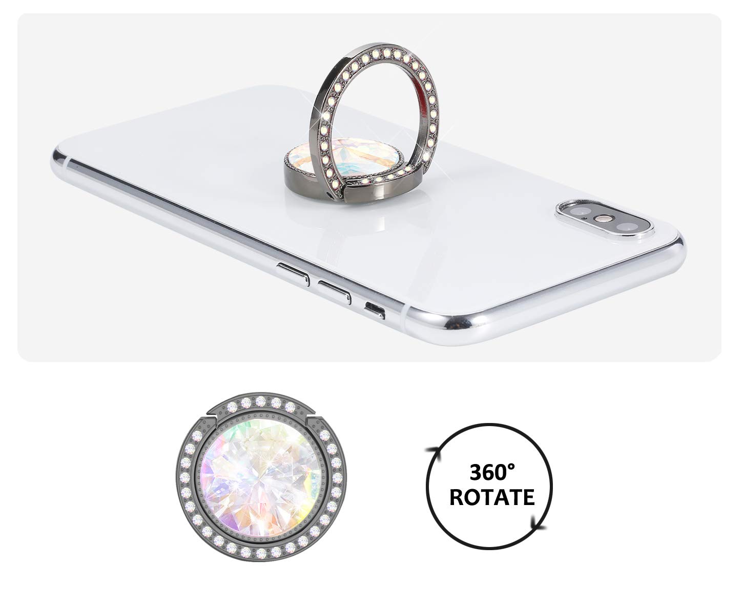 Sparkly Glitter Phone Ring Holder with Rhinestones - Bling Bling Diamond Kickstand Grip for Women - Black Crystal Cell Phone Finger Stand (Perfect for Selfies, Videos & Secure Grip)