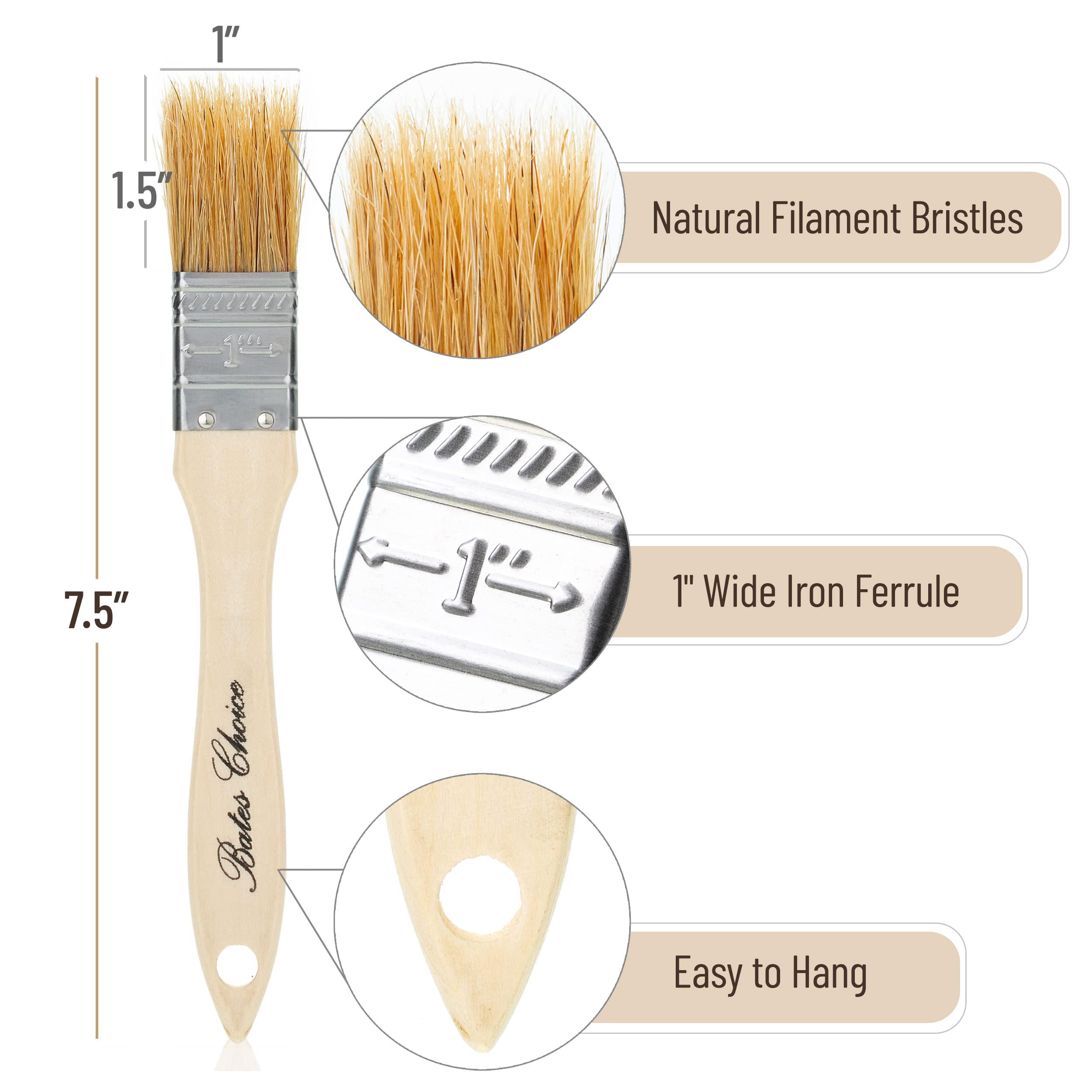 Bates 1 Inch Natural Bristle Chip Paint Brushes - 96 Pack for Wood Staining, Painting & DIY Projects - Durable Paint Brushes for Crafts, Furniture & Home Improvement