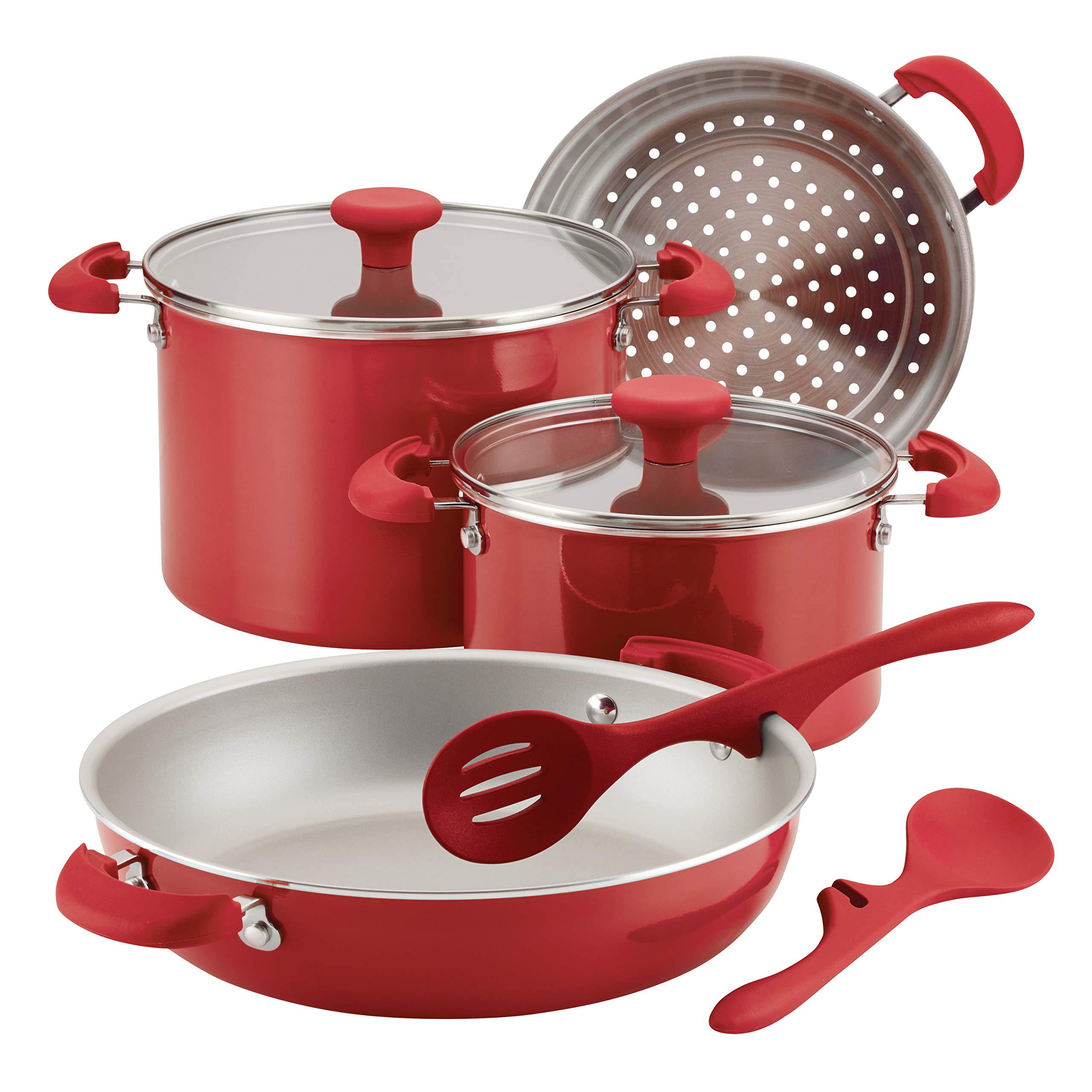 Rachael Ray 8-Piece Nonstick Cookware Set - Stackable Pots and Pans, Red | Durable Kitchen Essentials for Everyday Cooking, Baking & Meal Prep