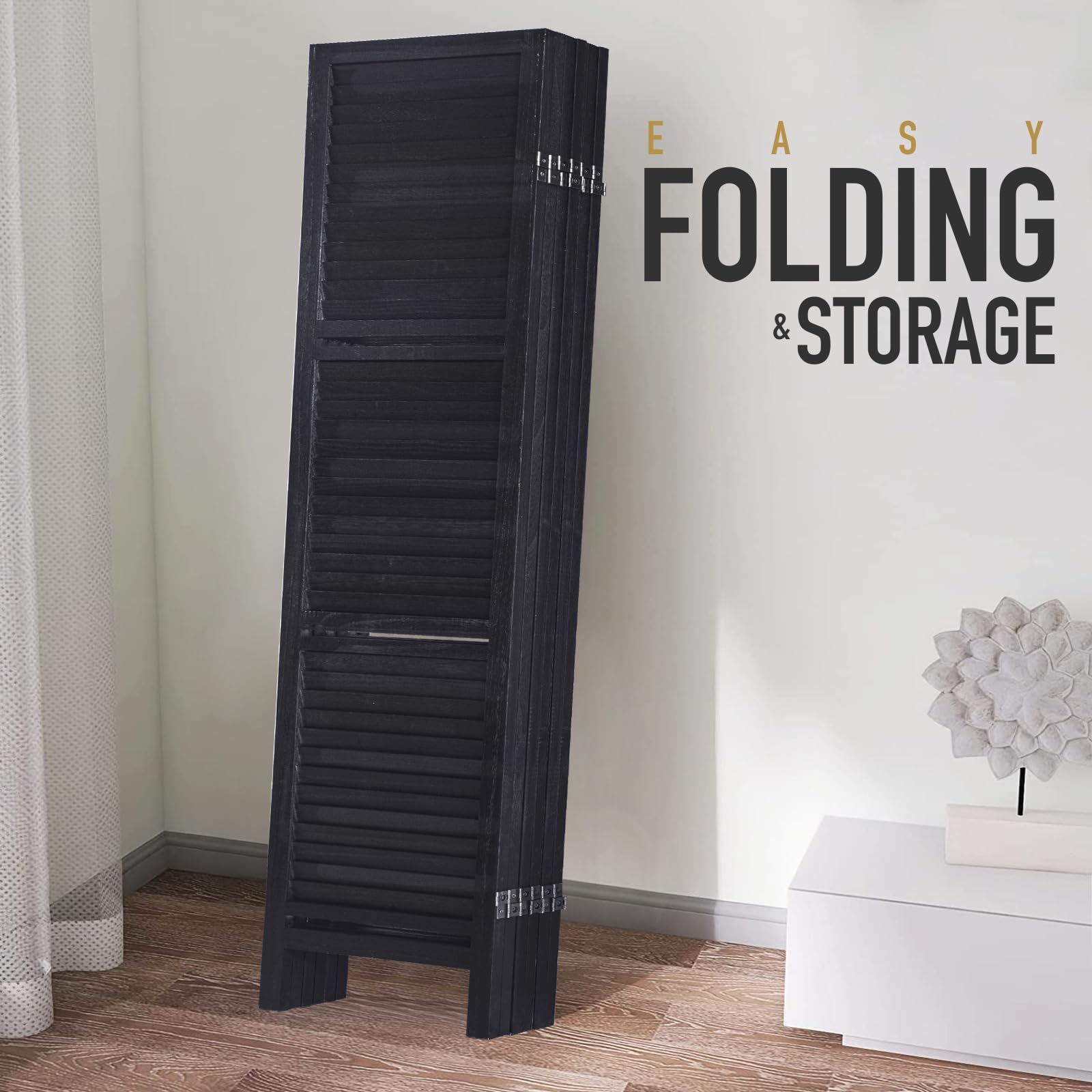 6 Panel Wood Room Divider - 5.6 Ft Tall Folding Privacy Screen with Shelves | Black Partition Wall for Home Office, Bedroom & Living Room | Space Separator for Privacy & Organization