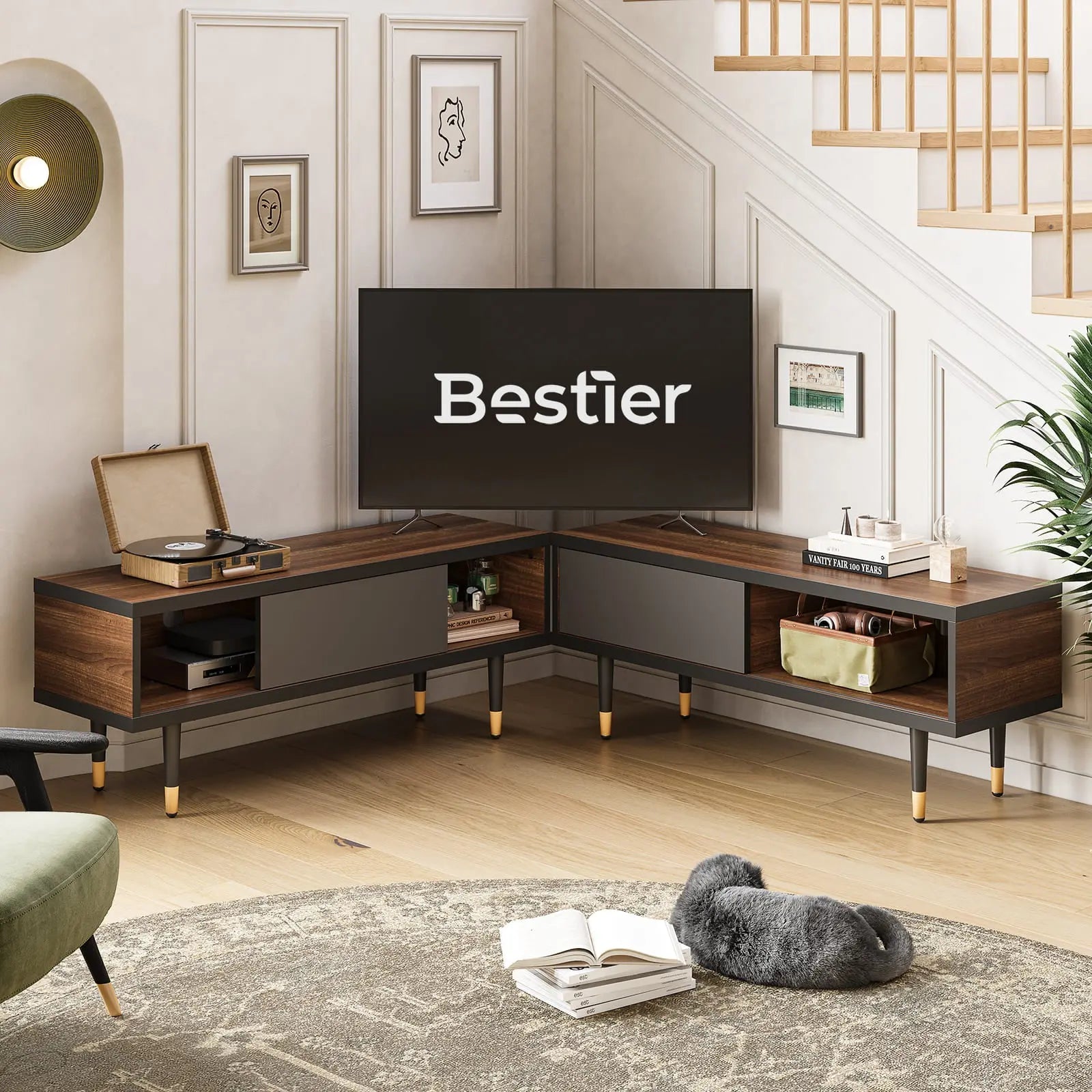 Bestier Mid Century Modern TV Stand for 85 inch TVs - 2-in-1 Long Entertainment Center TV Cabinet with Storage for Living Room, Home Theater & Family Room